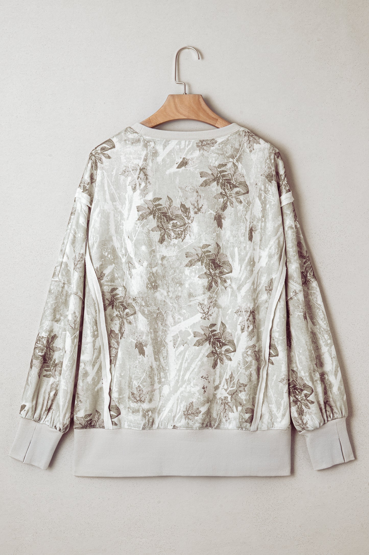 Gray Leafy Camo Print Exposed Seam Patchwork Baggy Slit Sweatshirt-Tops/Sweatshirts & Hoodies-[Adult]-[Female]-2022 Online Blue Zone Planet