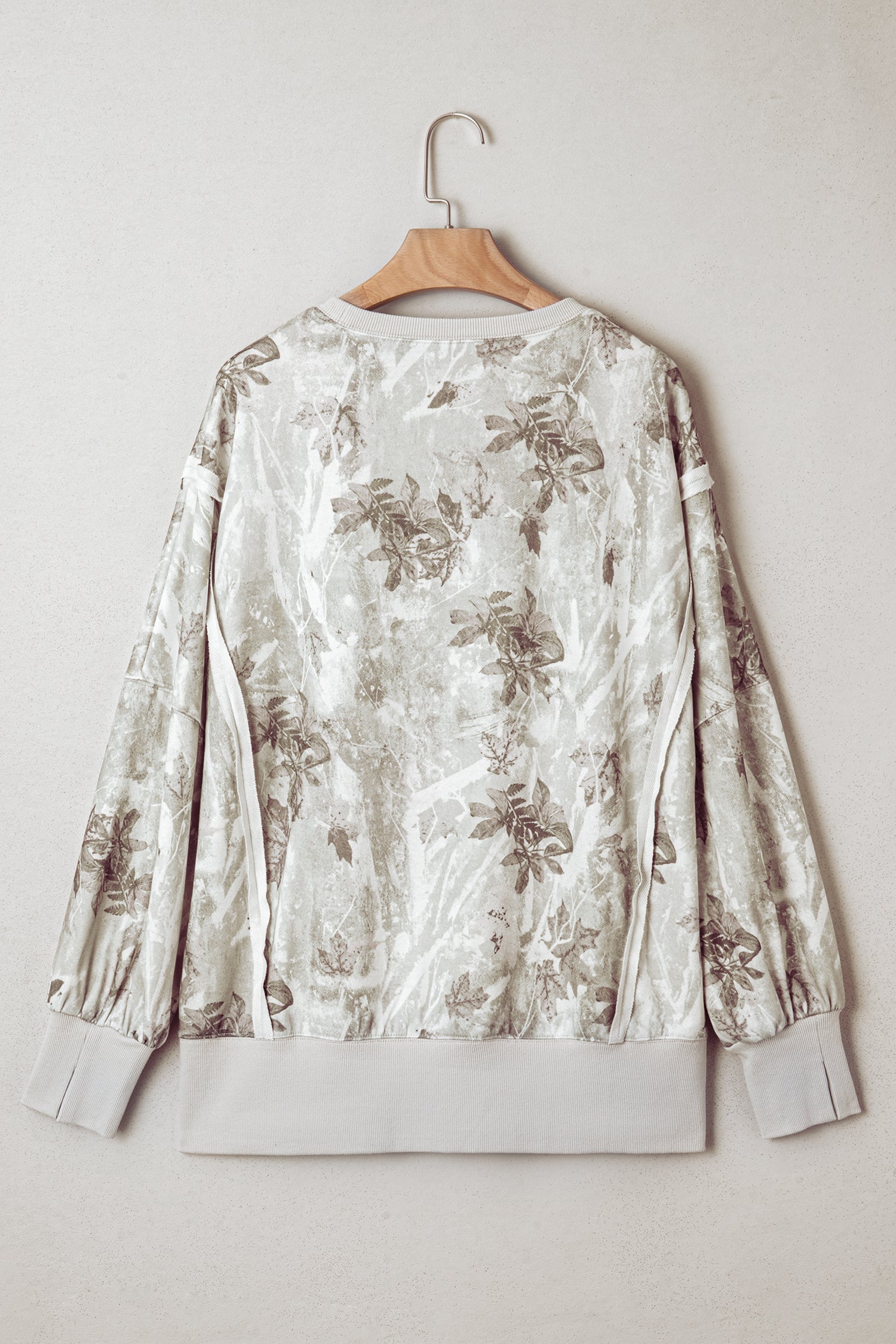 Gray Leafy Camo Print Exposed Seam Patchwork Baggy Slit Sweatshirt-Tops/Sweatshirts & Hoodies-[Adult]-[Female]-2022 Online Blue Zone Planet