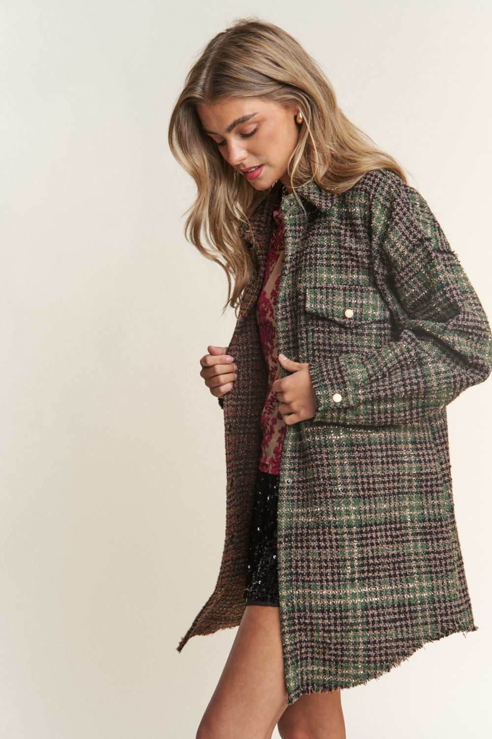 Blue Zone Planet | J.NNA Snap Down Tweed Plaid Contrast Longline Shacket-TOPS / DRESSES-[Adult]-[Female]-2022 Online Blue Zone Planet