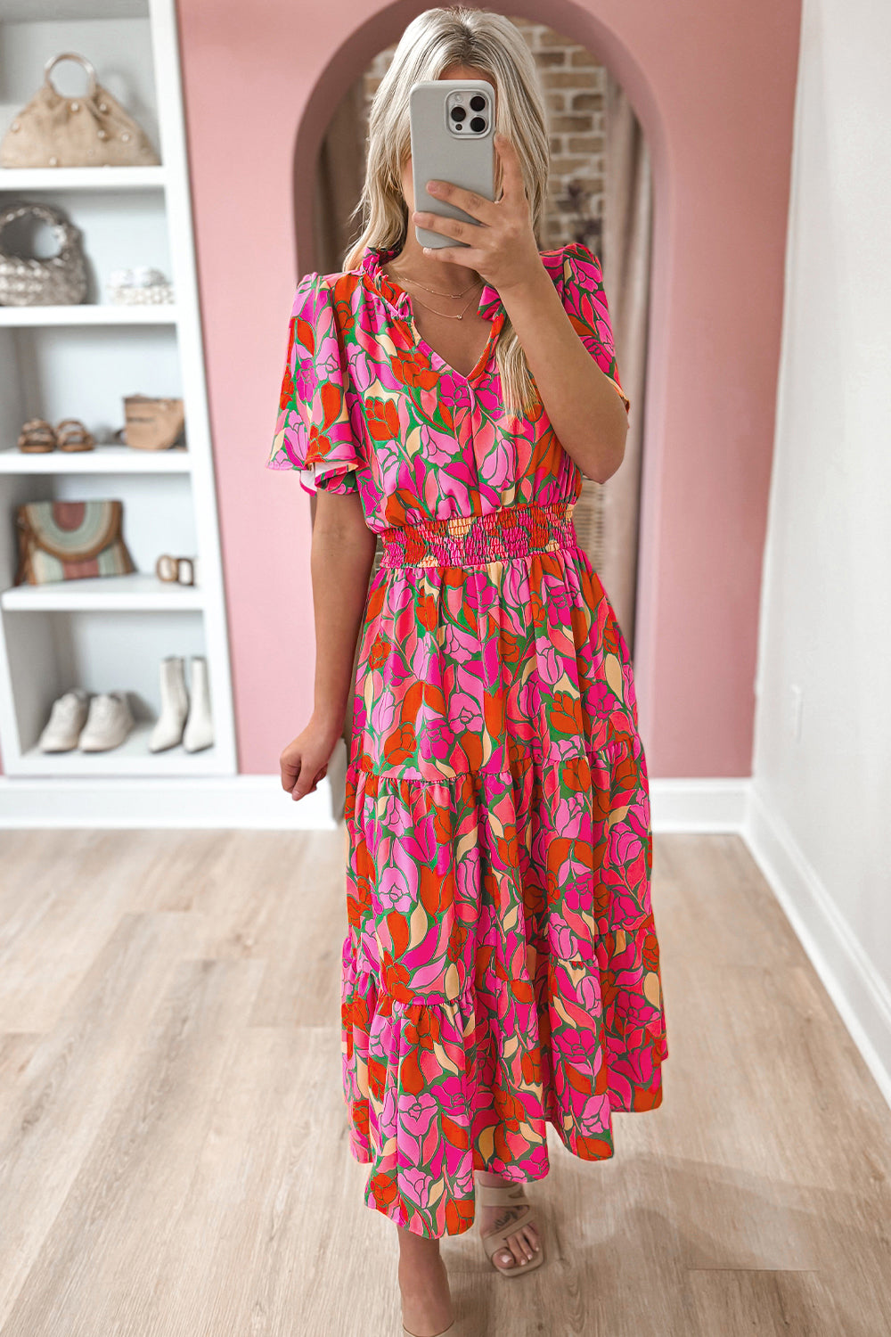 Blue Zone Planet | Pink Floral Short Sleeve Smocked Waist Maxi Dress-TOPS / DRESSES-[Adult]-[Female]-2022 Online Blue Zone Planet
