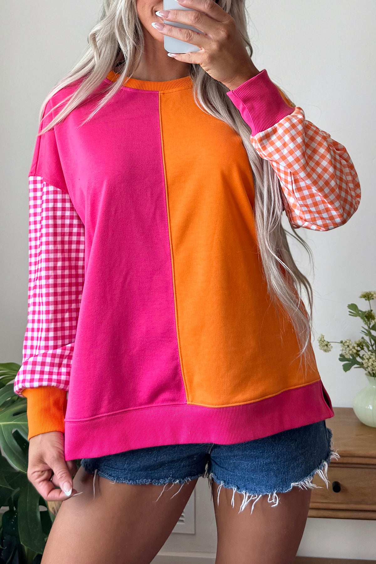 Rose Red Colorblock Gingham Sleeve Crewneck Sweatshirt-Tops/Sweatshirts & Hoodies-[Adult]-[Female]-2022 Online Blue Zone Planet