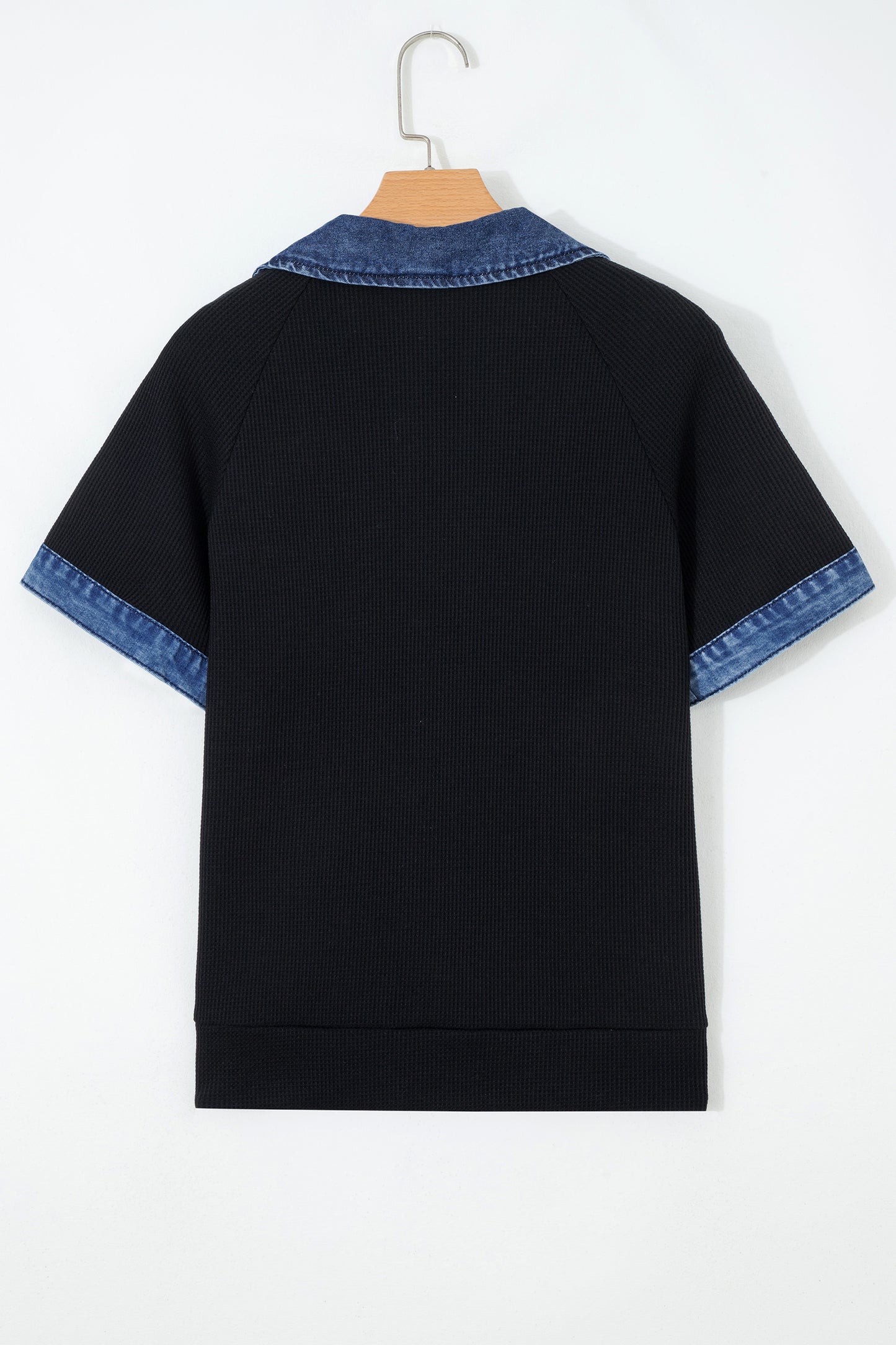 Black Waffle Knit Denim Contrast Trim Patchwork Button Polo Collar Top-Tops/Tops & Tees-[Adult]-[Female]-2022 Online Blue Zone Planet