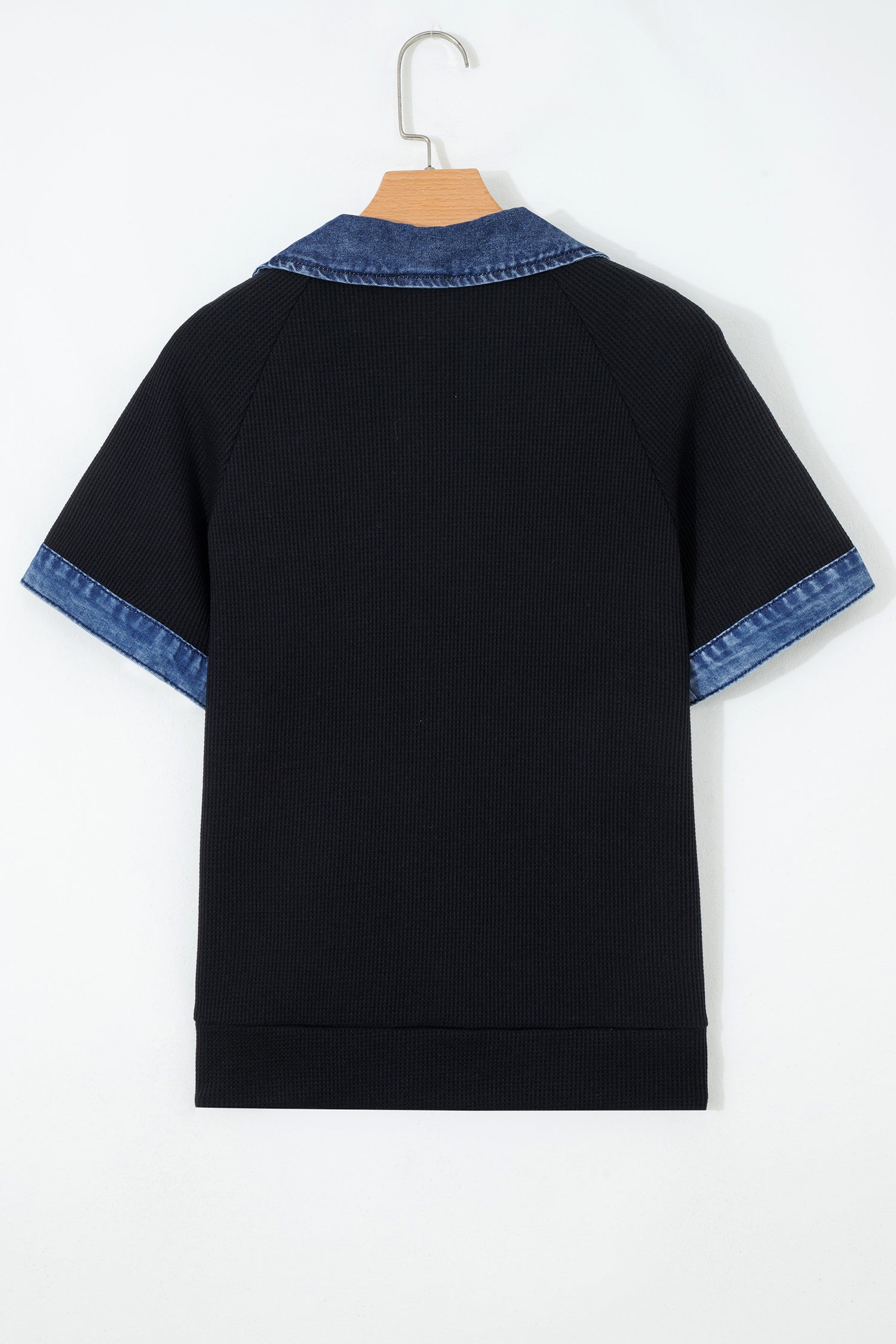 Black Waffle Knit Denim Contrast Trim Patchwork Button Polo Collar Top-Tops/Tops & Tees-[Adult]-[Female]-2022 Online Blue Zone Planet