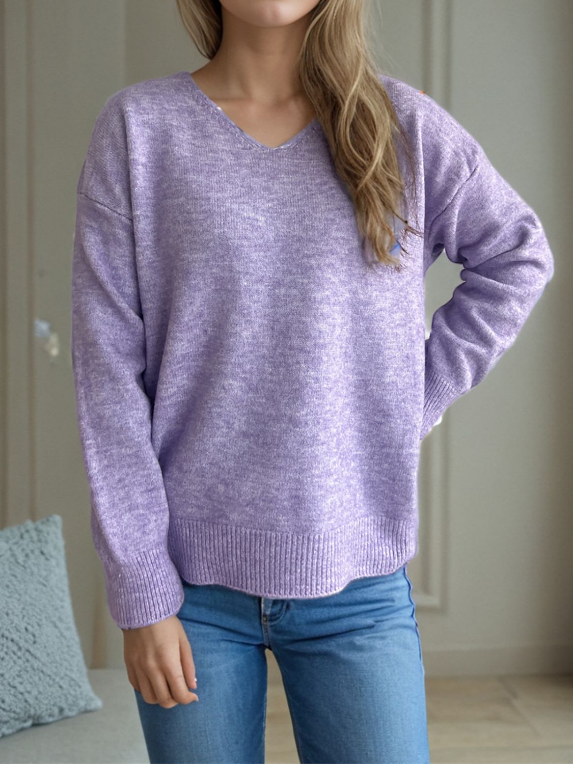 Blue Zone Planet | V-Neck Dropped Shoulder Long Sleeve Sweater-TOPS / DRESSES-[Adult]-[Female]-Pink Purple-One Size-2022 Online Blue Zone Planet