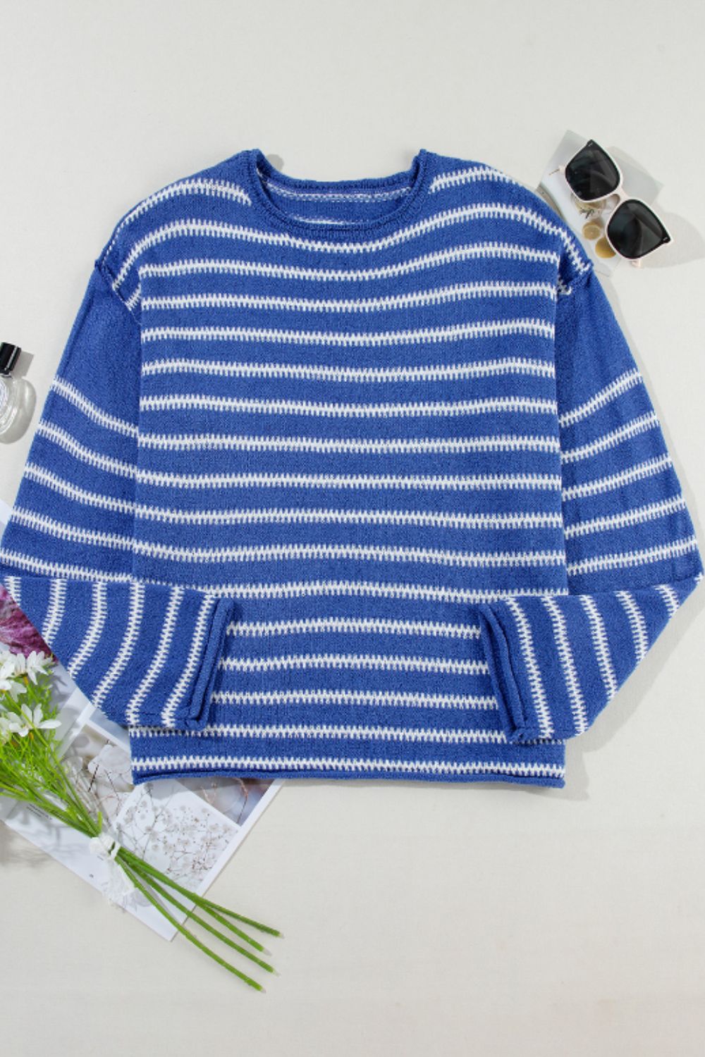 Striped Round Neck Dropped Shoulder Sweater-TOPS / DRESSES-[Adult]-[Female]-2022 Online Blue Zone Planet