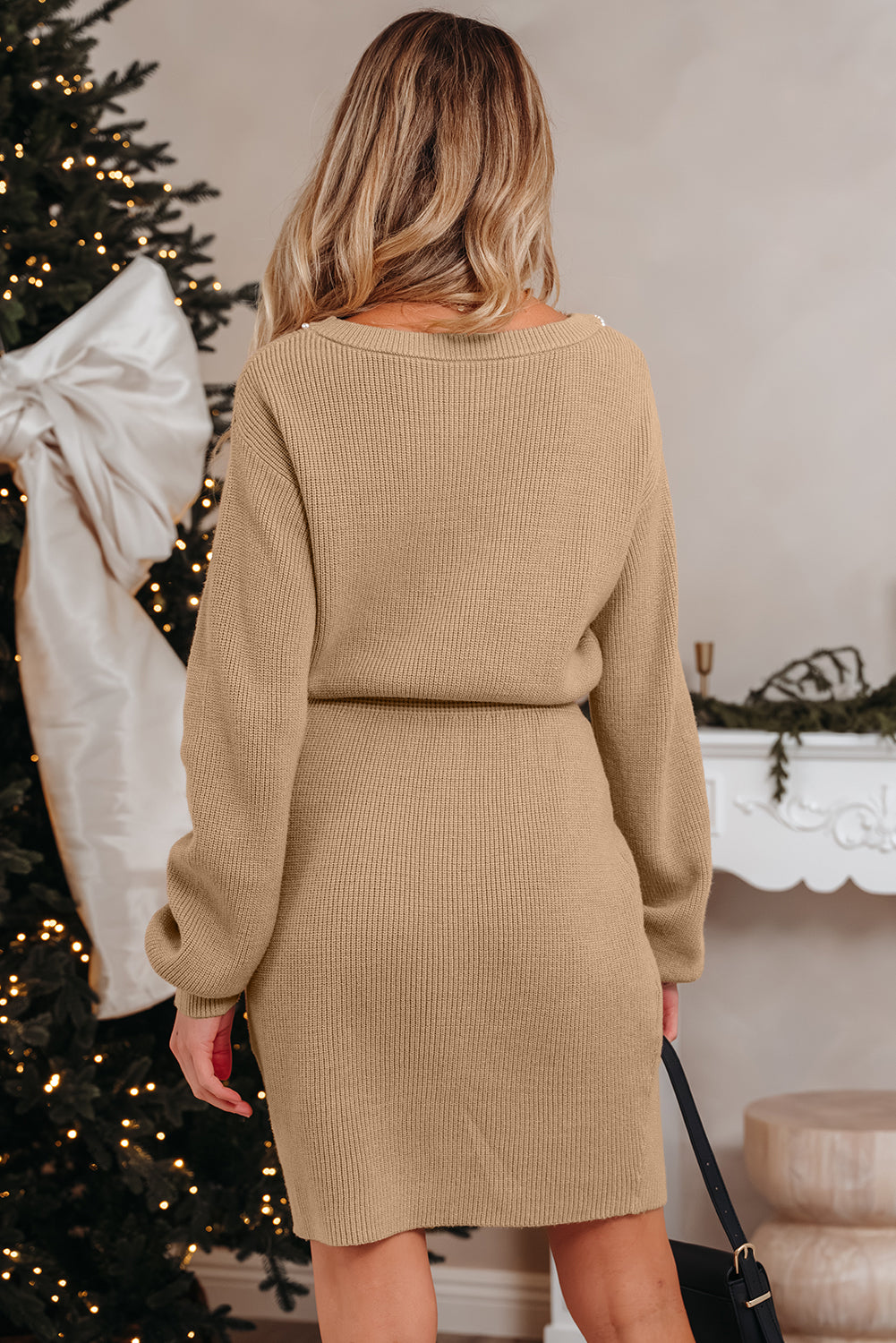 Pearl Embellished Keyhole Ribbed Sweater Dress Smoke Gray / L Pearl Embellished Keyhole Ribbed Sweater Dress Smoke Gray / L