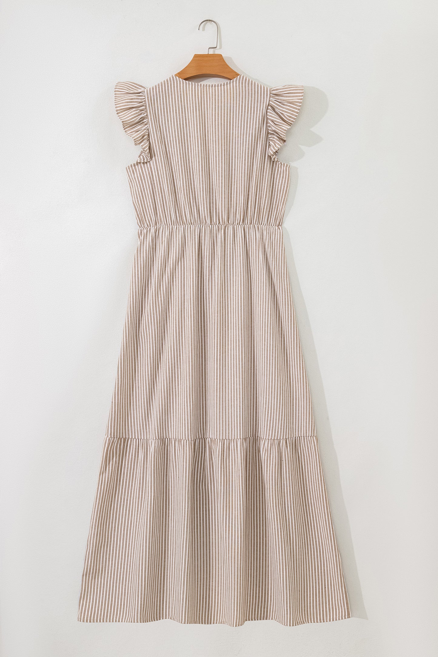 Khaki Stripe Flutter Sleeve Buttoned Front Slit Maxi Dress-TOPS / DRESSES-[Adult]-[Female]-2022 Online Blue Zone Planet