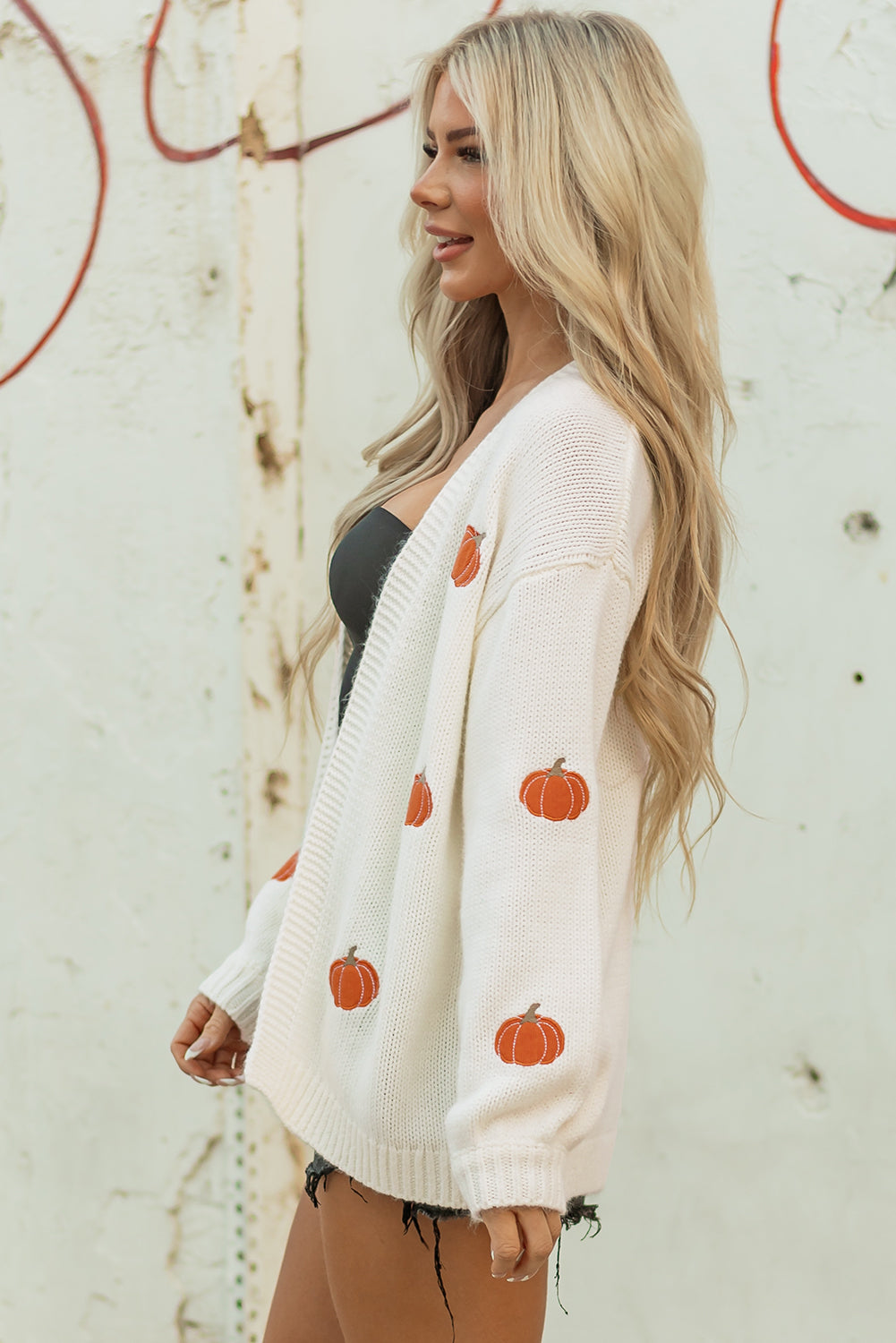 White Pumpkin Print Open Front Drop Shoulder Midi Cardigan-Sweaters & Cardigans/Cardigans-[Adult]-[Female]-2022 Online Blue Zone Planet