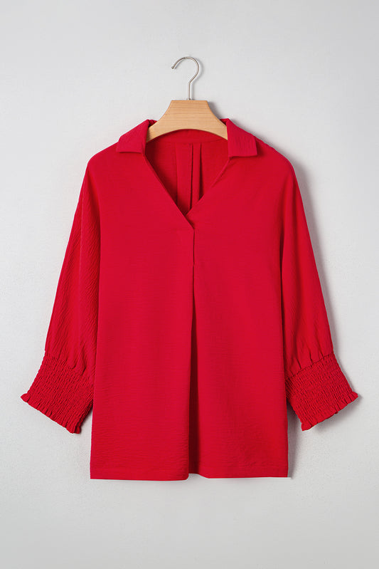 Fiery Red V Neck Collared Shirred 3/4 Sleeve Oversized Tunic Top-Tops/Blouses & Shirts-[Adult]-[Female]-2022 Online Blue Zone Planet
