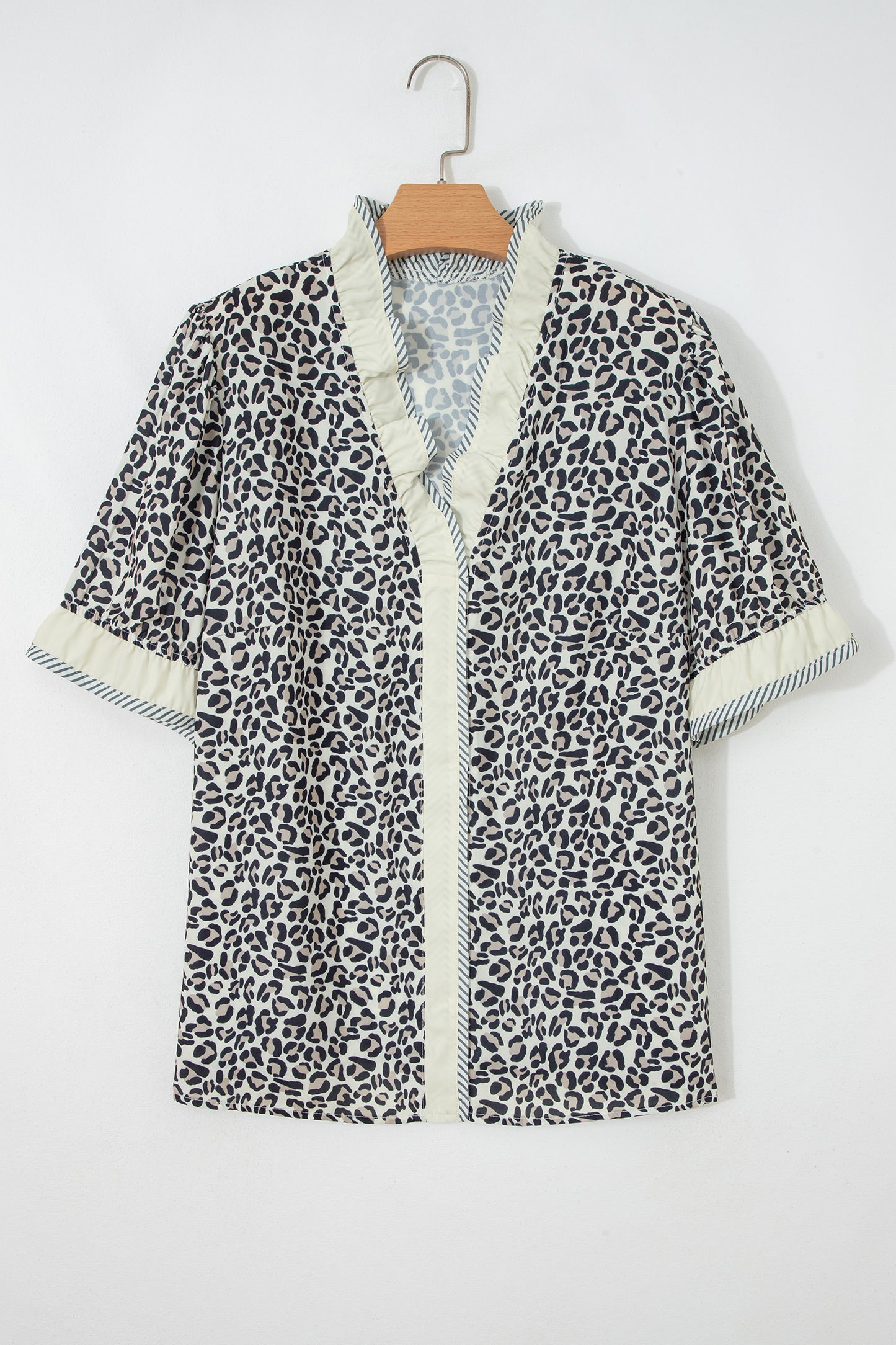Black Plus Leopard Print Striped Color Block Trim Frilled V Neck Short Sleeve Blouse-Plus Size/Plus Size Tops/Plus Size Blouses & Shirts-[Adult]-[Female]-2022 Online Blue Zone Planet