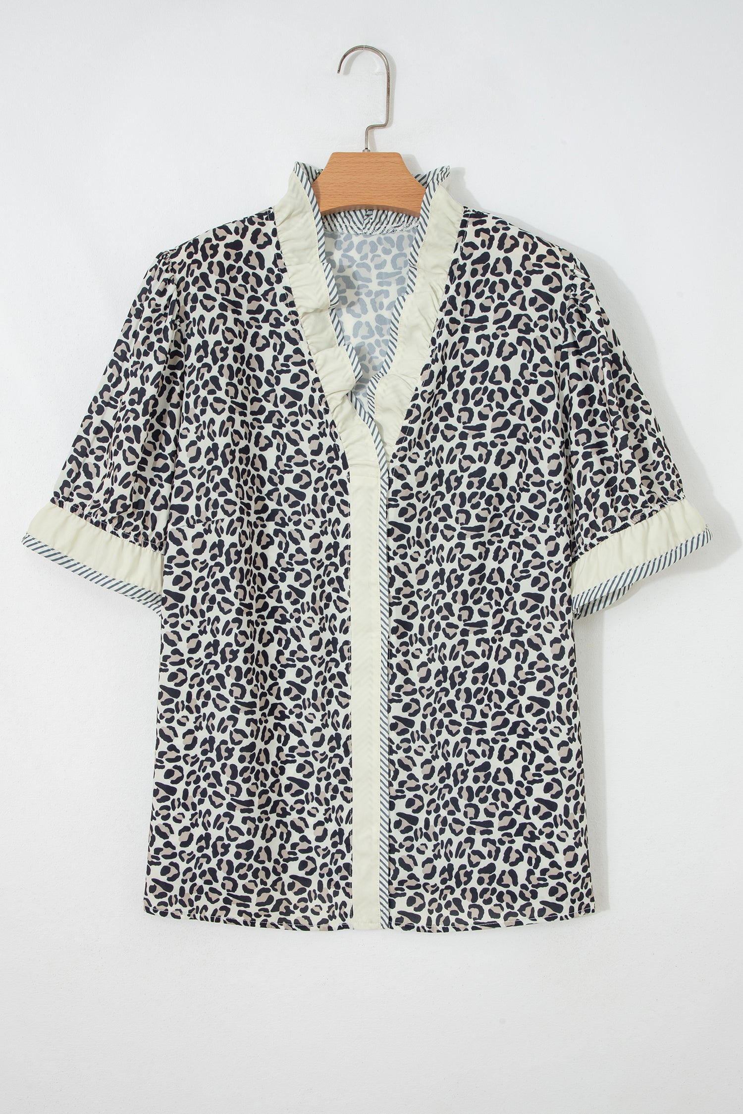 Black Plus Leopard Print Striped Color Block Trim Frilled V Neck Short Sleeve Blouse-Plus Size/Plus Size Tops/Plus Size Blouses & Shirts-[Adult]-[Female]-2022 Online Blue Zone Planet