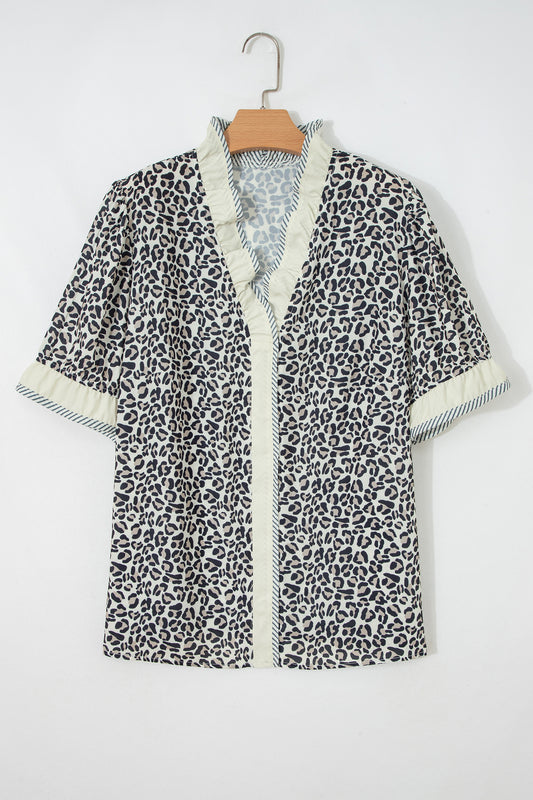 Black Plus Leopard Print Striped Color Block Trim Frilled V Neck Short Sleeve Blouse-Plus Size/Plus Size Tops/Plus Size Blouses & Shirts-[Adult]-[Female]-2022 Online Blue Zone Planet