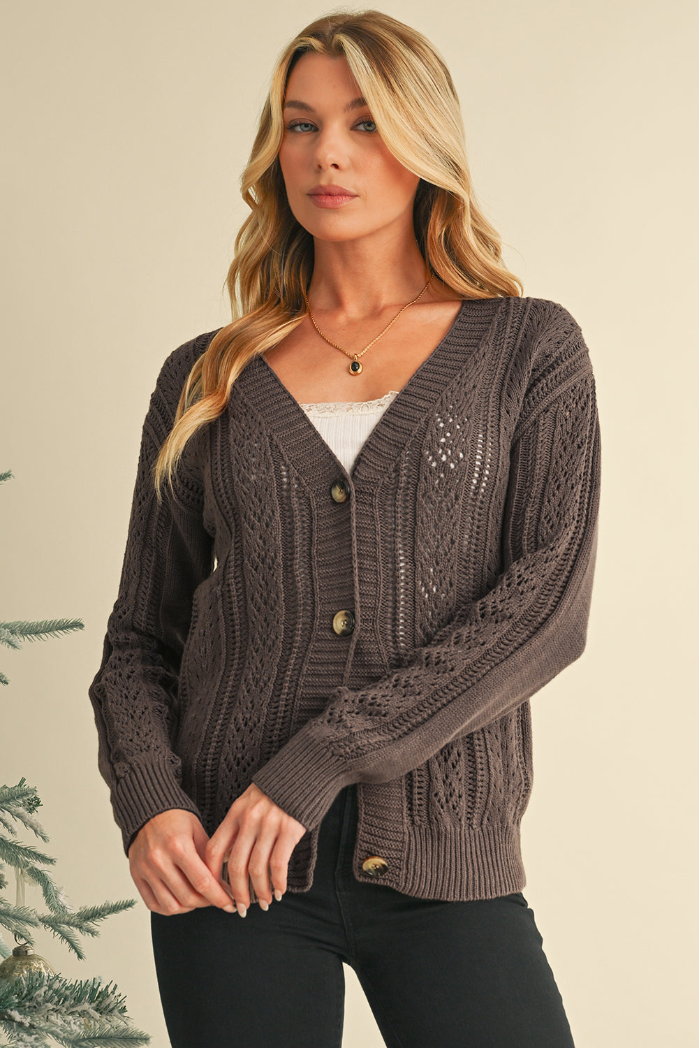 Blue Zone Planet | Green Hollow Knit Drop Shoulder Cardigan-Cardigans-[Adult]-[Female]-2022 Online Blue Zone Planet