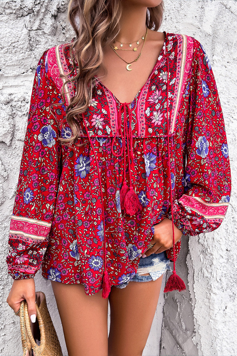 Blue Bohemian Floral Print Tassel Tie Front Long Sleeve Blouse-Tops/Blouses & Shirts-[Adult]-[Female]-Red-S-2022 Online Blue Zone Planet