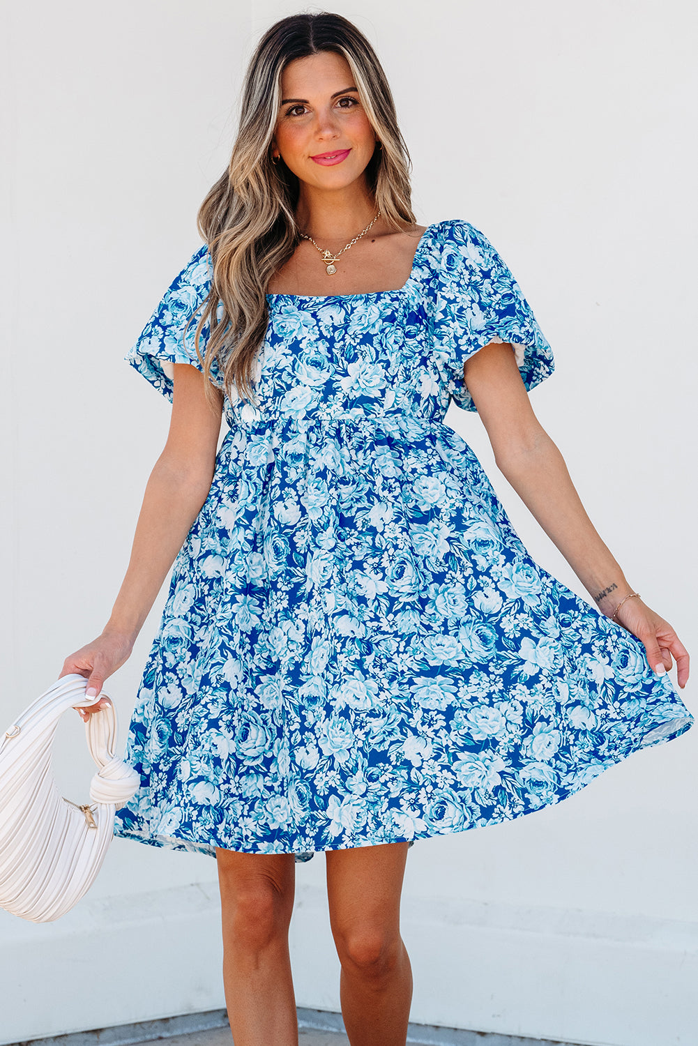Blue Zone Planet | Blue Floral Puff Sleeve Babydoll Mini Dress-TOPS / DRESSES-[Adult]-[Female]-2022 Online Blue Zone Planet