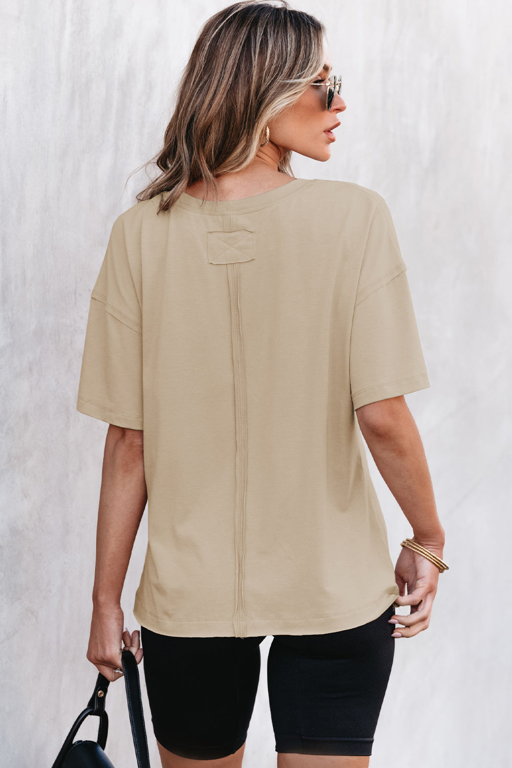 Parchment Raw Seam Patchwork Drop Shoulder Oversize T Shirt-Tops/Tops & Tees-[Adult]-[Female]-2022 Online Blue Zone Planet