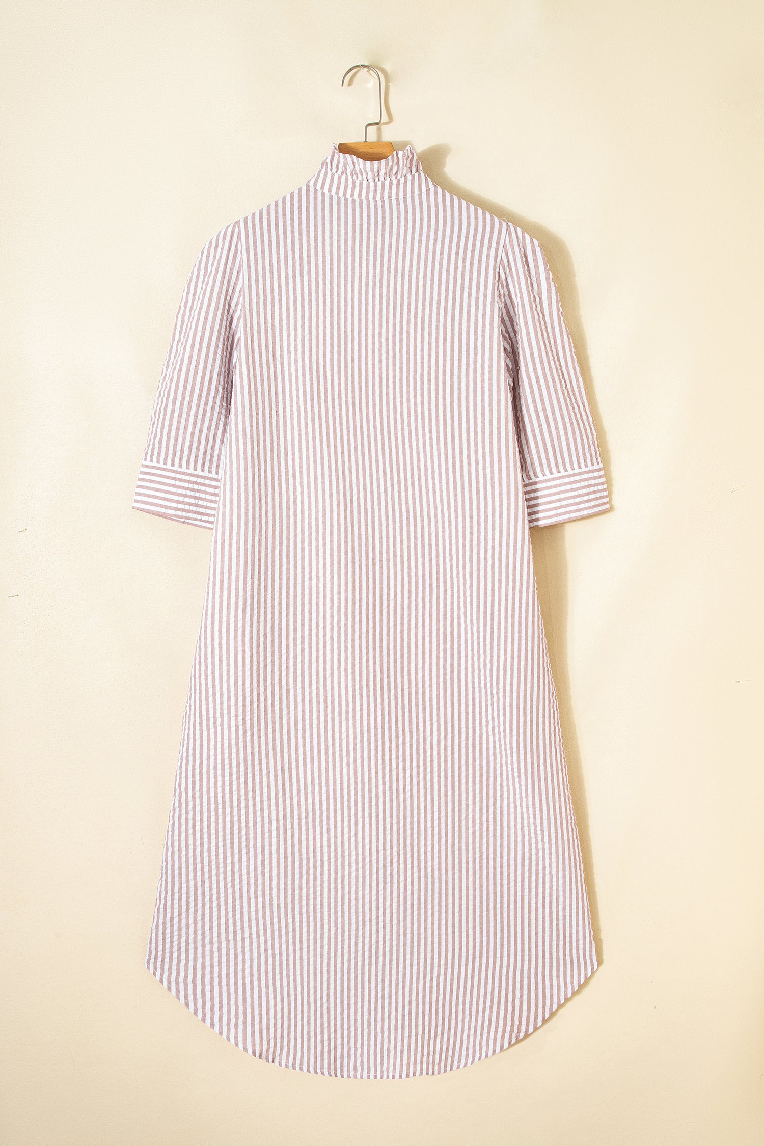 Khaki Stripe Frilled Collar Half Sleeve Shirt Maxi Dress-TOPS / DRESSES-[Adult]-[Female]-2022 Online Blue Zone Planet