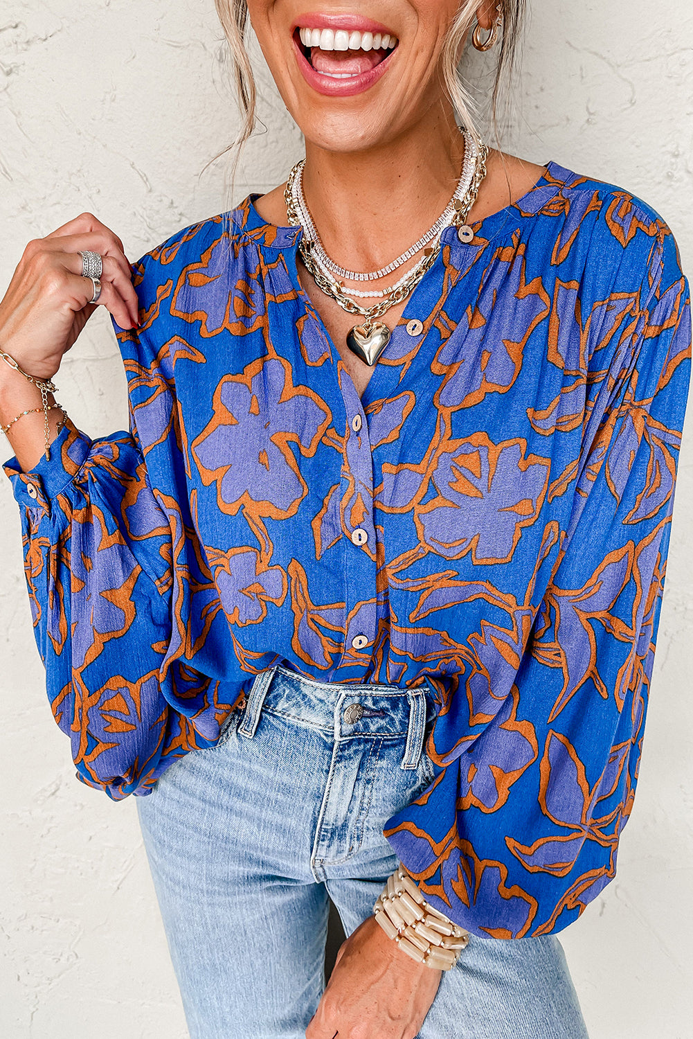 Blue Zone Planet | Pink Floral Print Batwing Sleeve Button Loose Fit Blouse-Blouses-[Adult]-[Female]-Blue-S-2022 Online Blue Zone Planet