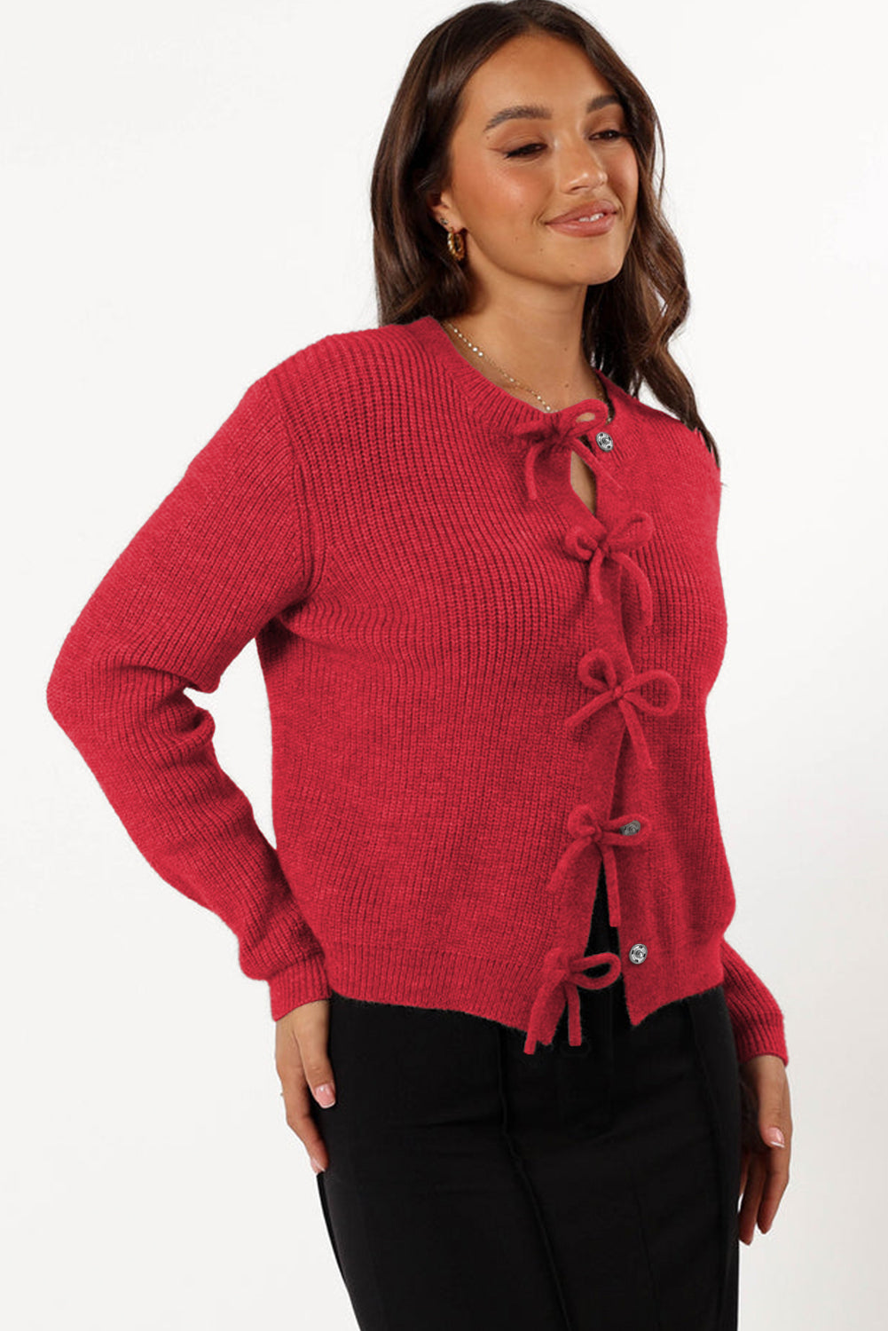 Fiery Red Sweet Bow Front Knit Cardigan-Cardigans-[Adult]-[Female]-2022 Online Blue Zone Planet