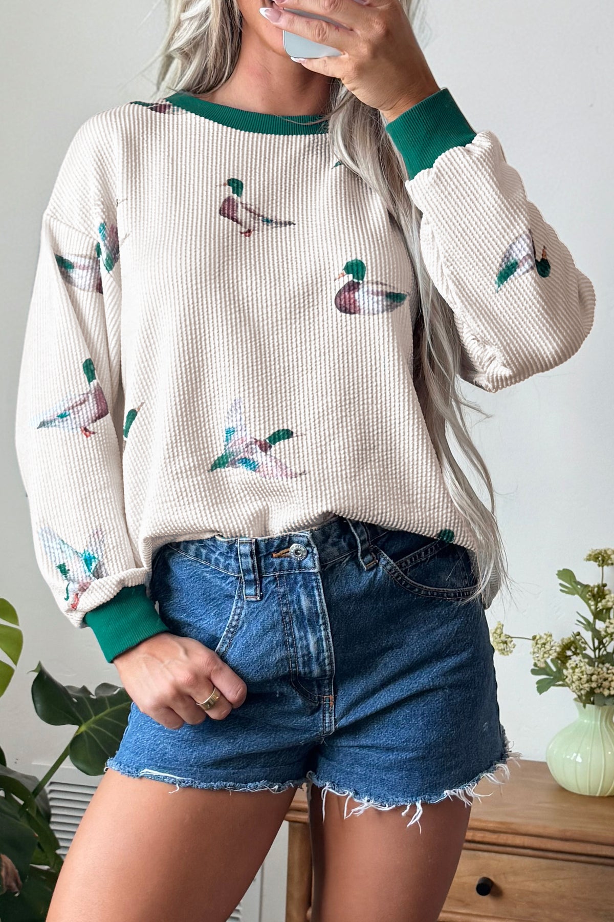Beige Twisted Ribbed Duck Print Crewneck Casual Pullover Top-Tops/Long Sleeve Tops-[Adult]-[Female]-2022 Online Blue Zone Planet