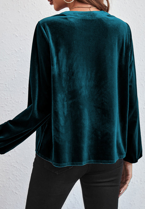 Blue Zone Planet | Notched Long Sleeve Velvet Top-TOPS / DRESSES-[Adult]-[Female]-2022 Online Blue Zone Planet