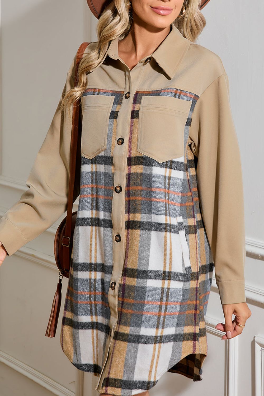 pocketed plaid mini dress Plaid V-Neck Pocket Mini Dress