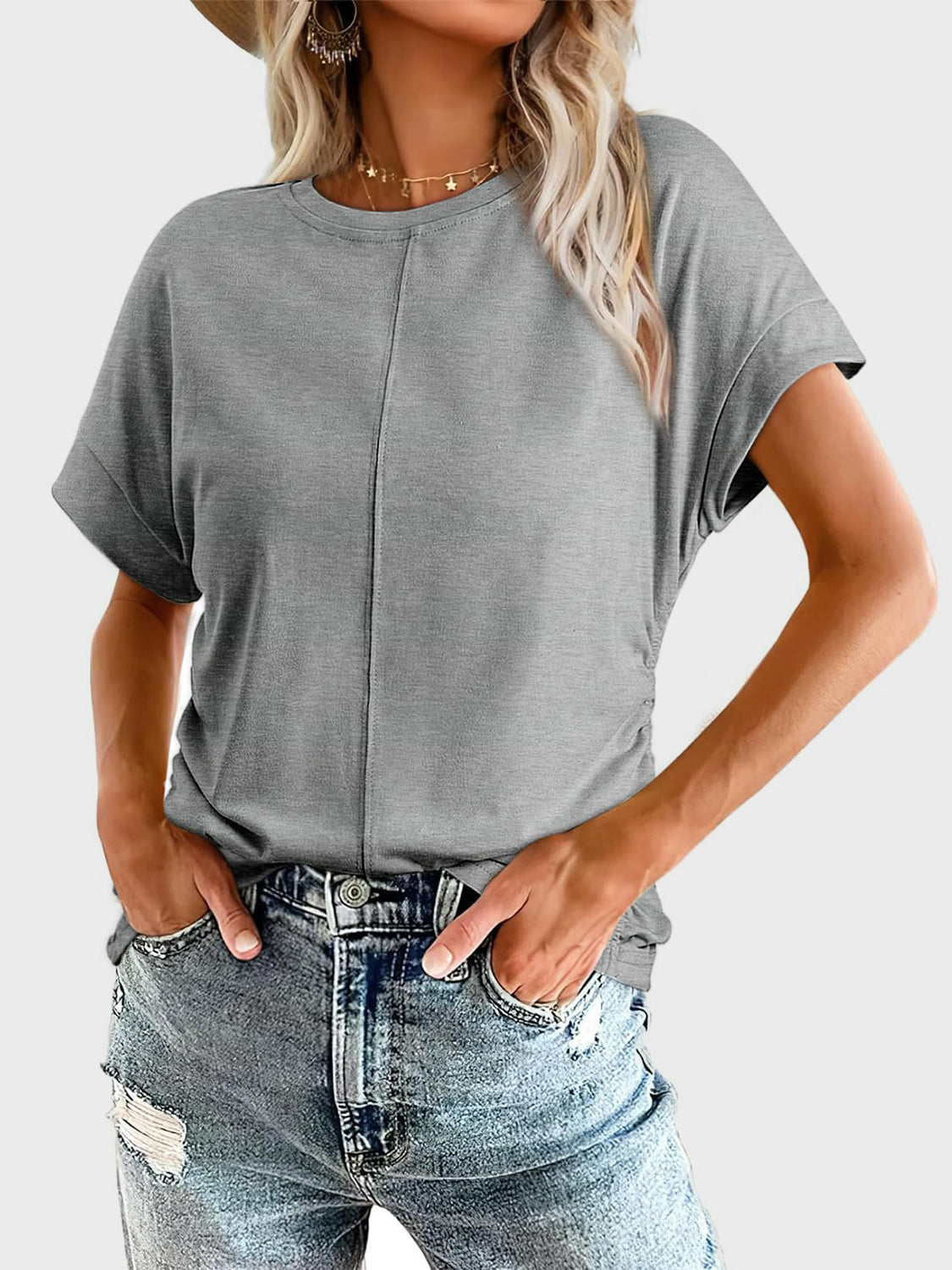 Ruched Round Neck Short Sleeve T-Shirt-TOPS / DRESSES-[Adult]-[Female]-Gray-S-2022 Online Blue Zone Planet