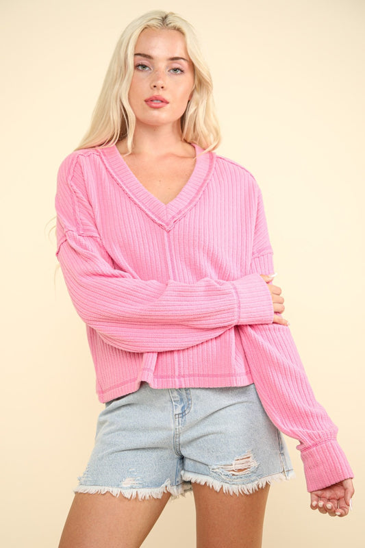 VERY J Exposed Seam V-Neck Ribbed Knit Top-TOPS / DRESSES-[Adult]-[Female]-Pink-S-2022 Online Blue Zone Planet