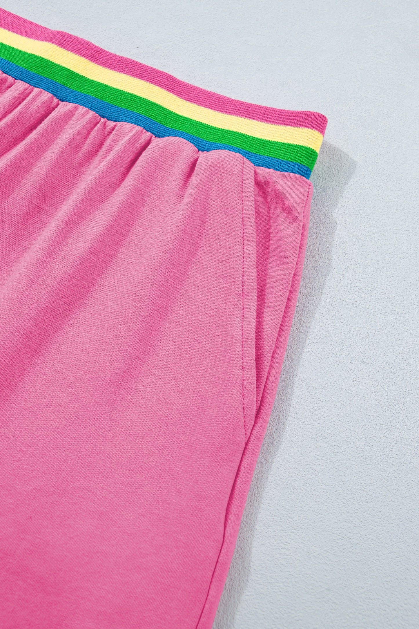 Bright Pink Seam Detail Raw Edge Tee Rainbow Waistband Casual Short Set-Two Piece Sets/Short Sets-[Adult]-[Female]-2022 Online Blue Zone Planet