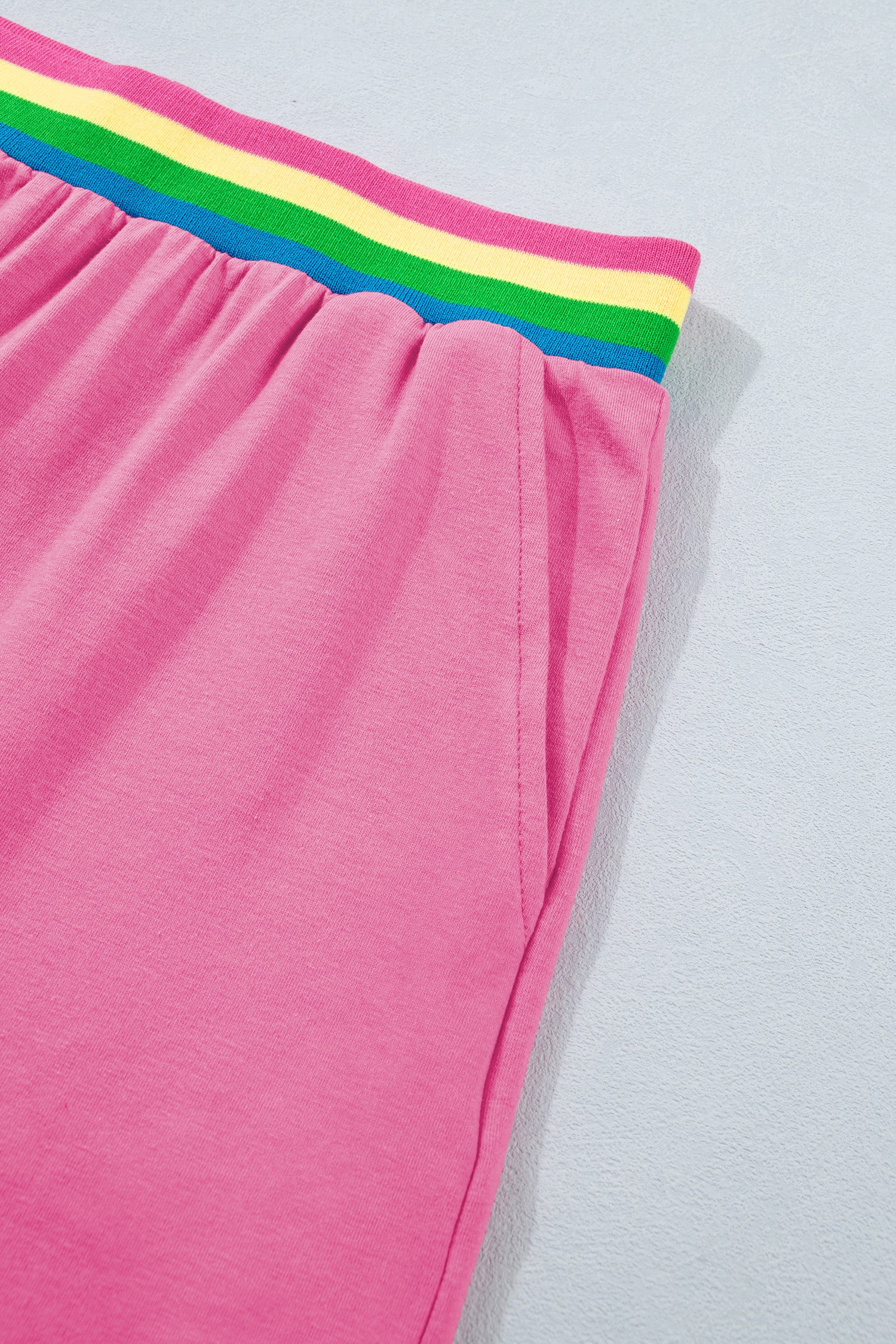 Bright Pink Seam Detail Raw Edge Tee Rainbow Waistband Casual Short Set-Two Piece Sets/Short Sets-[Adult]-[Female]-2022 Online Blue Zone Planet