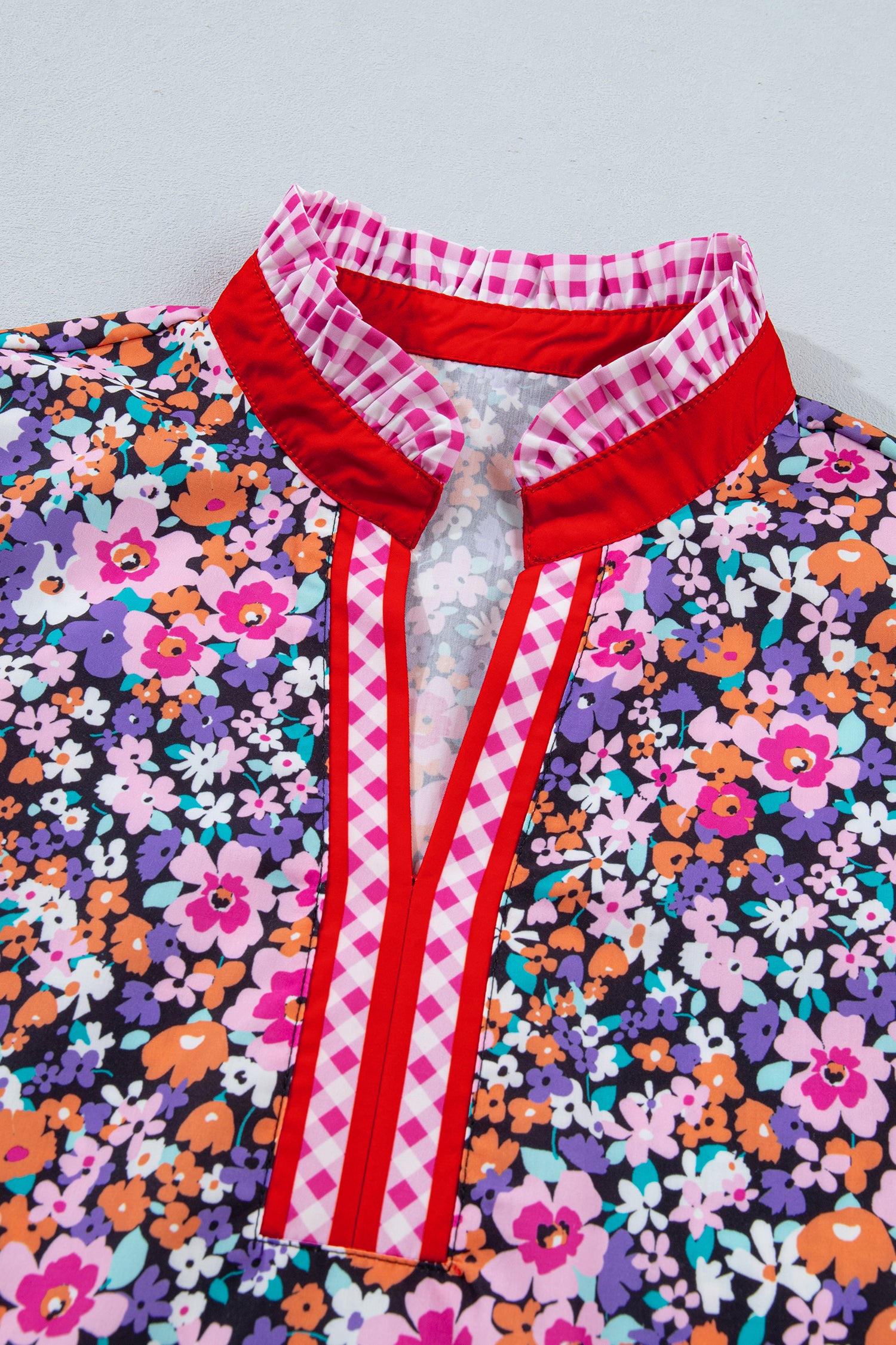 Purple Ditsy Floral Print Plaid Colorblock Trim V Neck Blouse-Tops/Blouses & Shirts-[Adult]-[Female]-2022 Online Blue Zone Planet