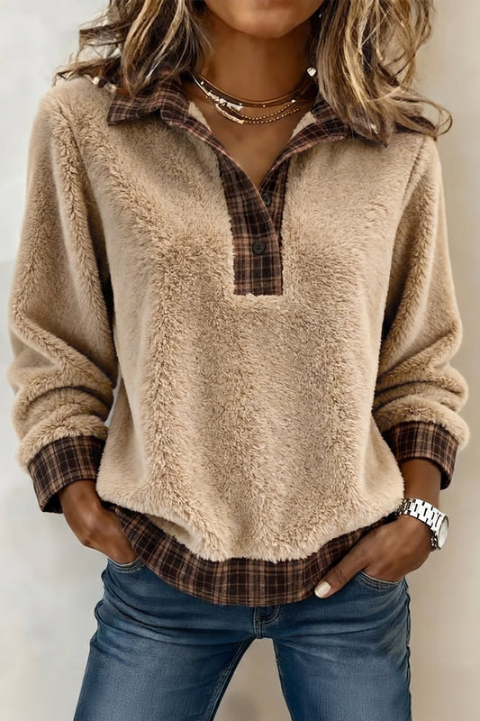 Light French Beige Plaid Collar Button Front Fleece Pullover Sweatshirt-Tops/Sweatshirts & Hoodies-[Adult]-[Female]-Light French Beige-S-2022 Online Blue Zone Planet