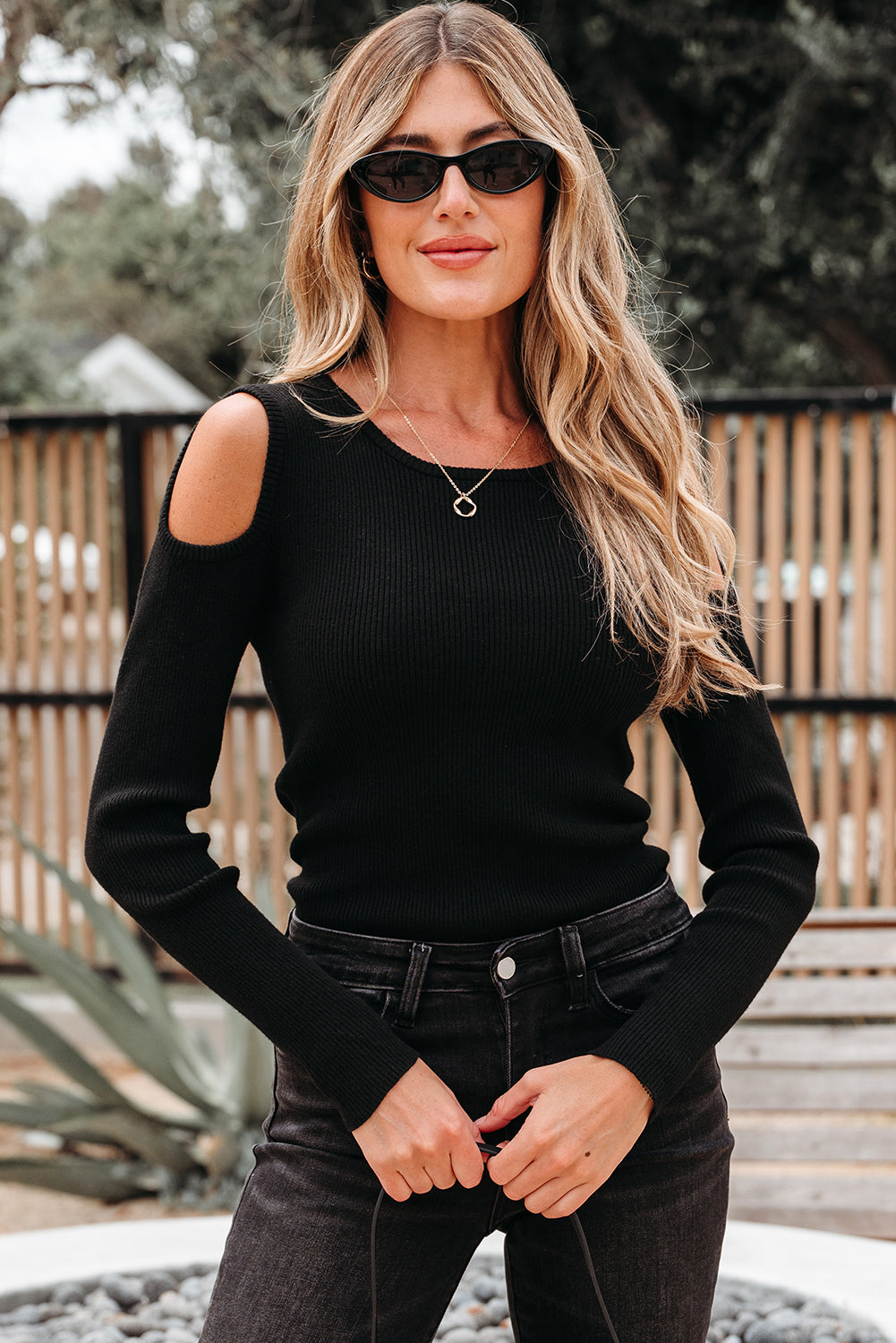 Black Ribbed Knit Cold Shoulder Sweater-TOPS / DRESSES-[Adult]-[Female]-2022 Online Blue Zone Planet