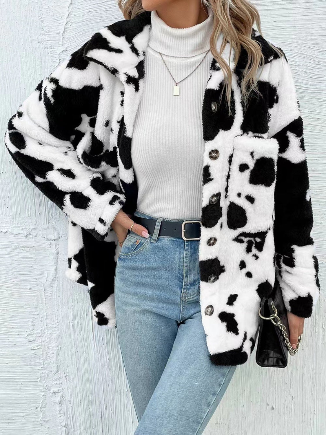 Cow Print Collared Neck Button Up Fuzzy Jacket-TOPS / DRESSES-[Adult]-[Female]-White-S-2022 Online Blue Zone Planet