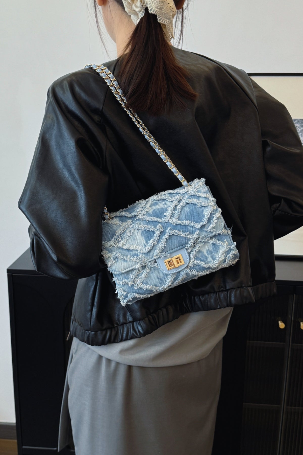 Raw Hem Denim Crossbody Bag-HANDBAGS-[Adult]-[Female]-2022 Online Blue Zone Planet