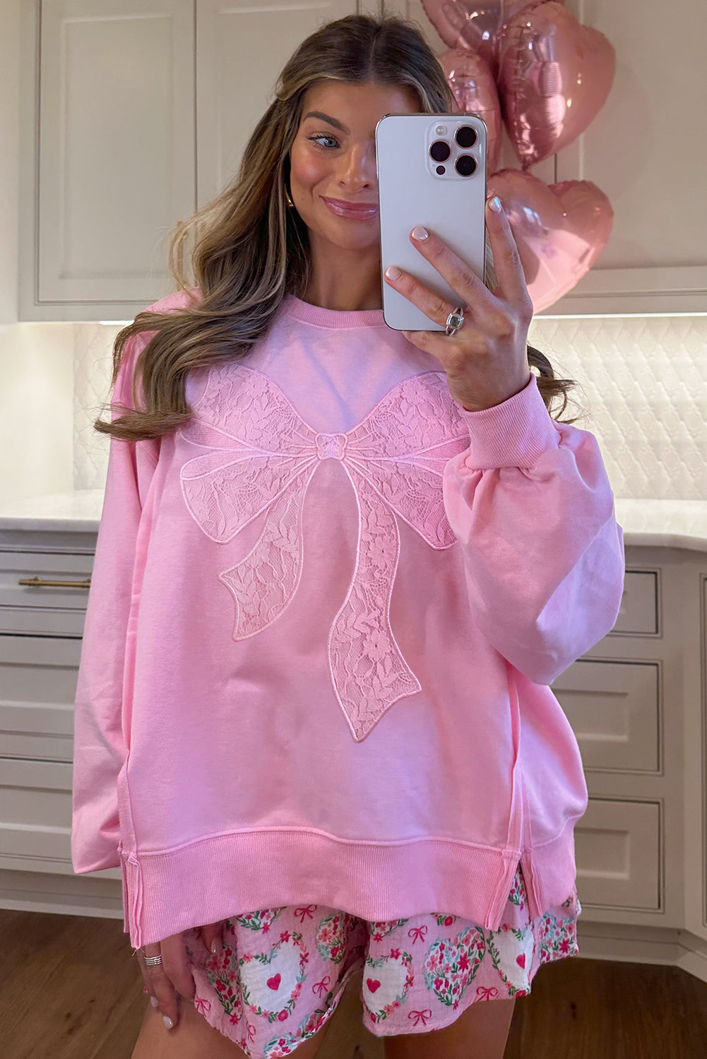 Bonbon Lace Insert Bow Embroidered Exposed Seam Sweatshirt-Tops/Sweatshirts & Hoodies-[Adult]-[Female]-2022 Online Blue Zone Planet