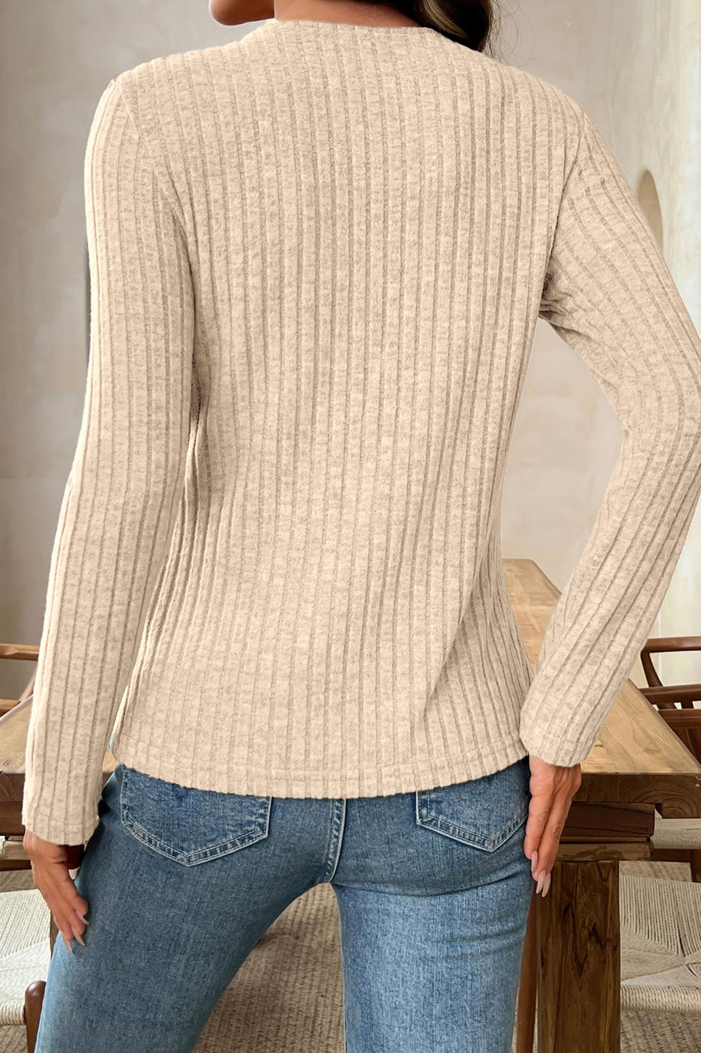 Apricot Solid Color Ribbed Knit Cowl Neck Long Sleeve Top-Tops/Long Sleeve Tops-[Adult]-[Female]-2022 Online Blue Zone Planet
