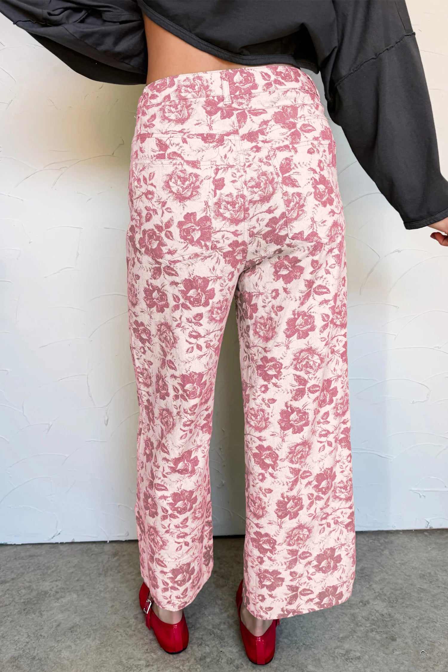 Pink Vintage Floral Print Denim Shift Pants-Bottoms/Jeans-[Adult]-[Female]-2022 Online Blue Zone Planet