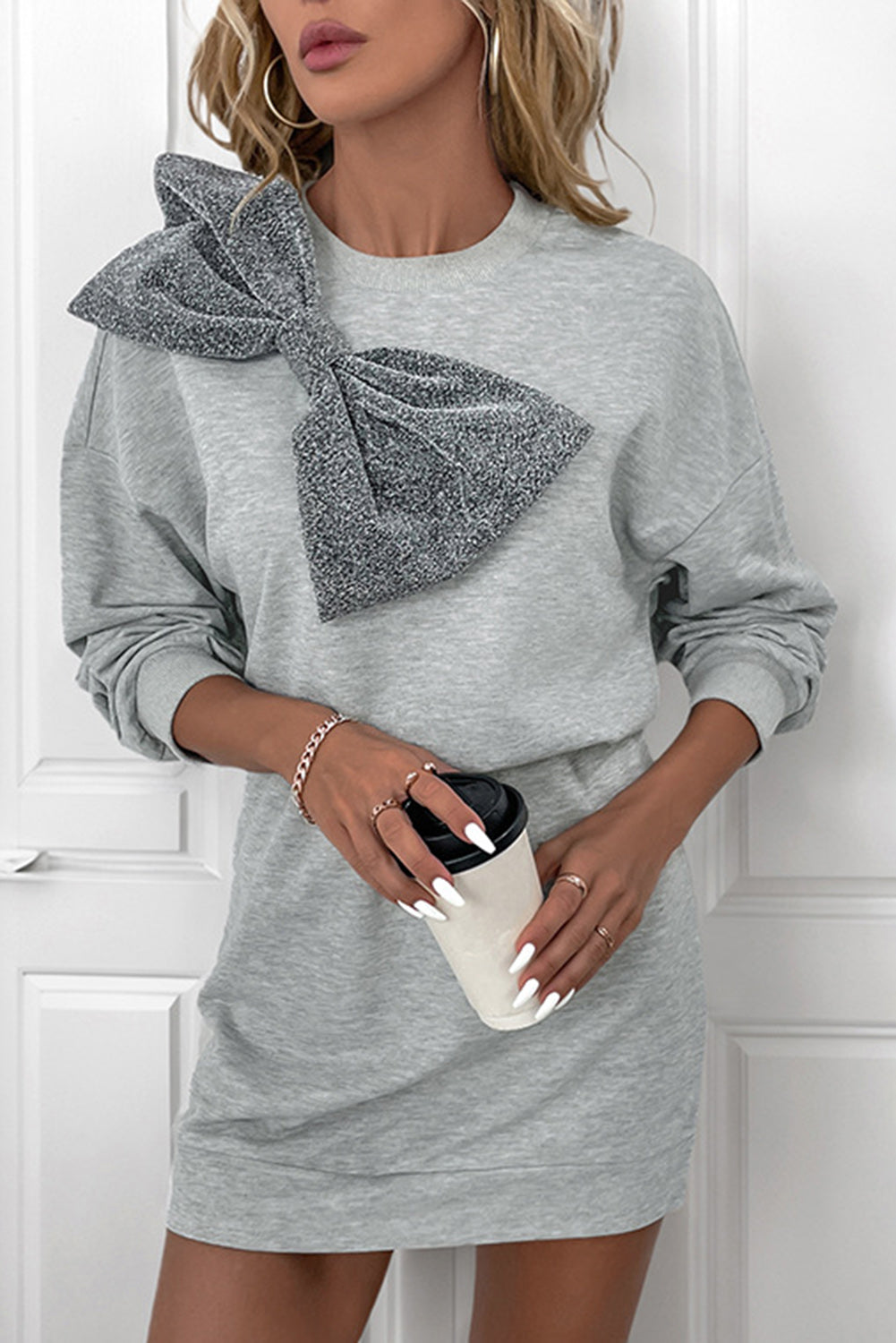 Gray Glitter Bow High Waist Sweatshirt Dress-Short Dresses-[Adult]-[Female]-2022 Online Blue Zone Planet