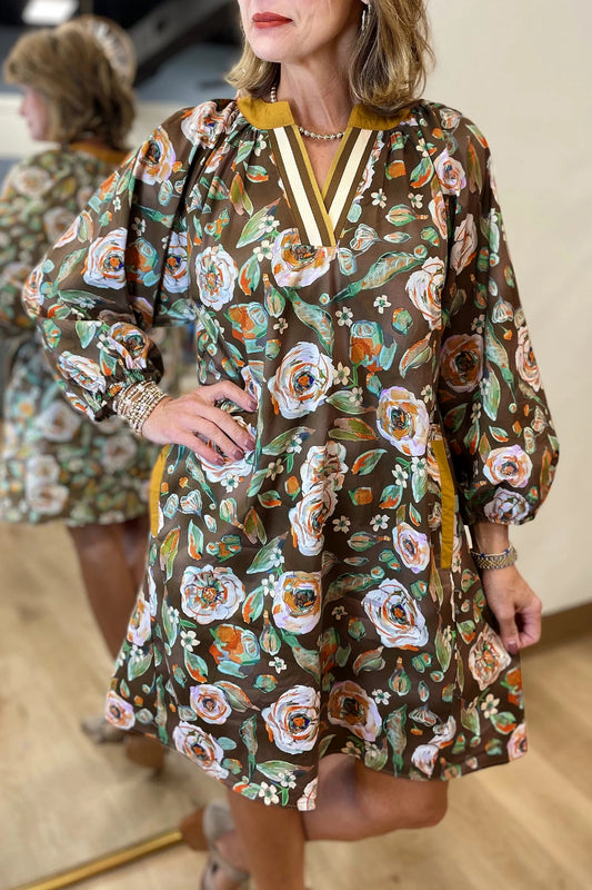 Brown Floral Print Contrast Trim V Neck Pocketed Long Sleeve Mini Dress-TOPS / DRESSES-[Adult]-[Female]-Brown-S-2022 Online Blue Zone Planet