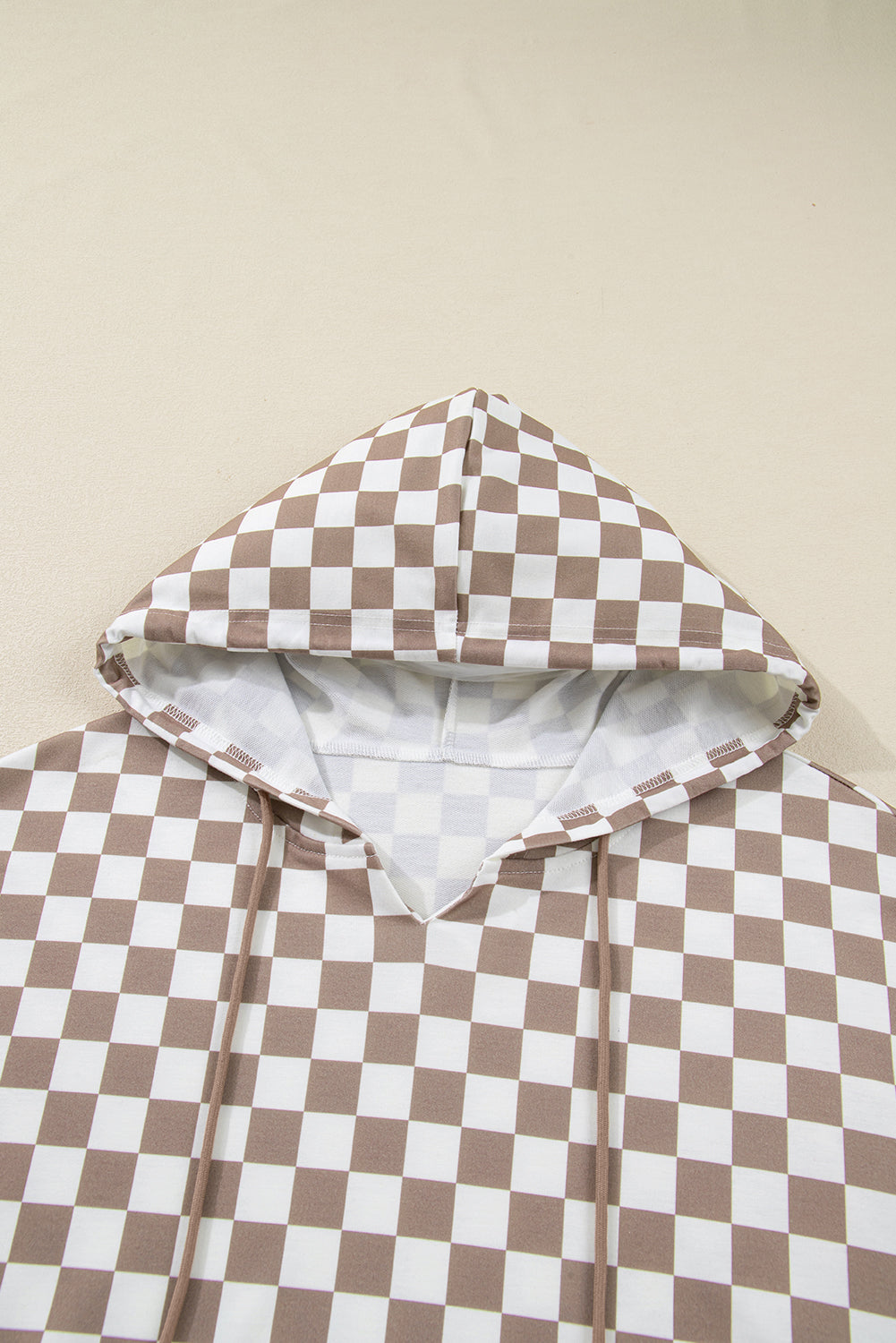 Khaki Double Checkered Patchwork Tie Neck Oversize Hoodie-Tops / Dresses-[Adult]-[Female]-2022 Online Blue Zone Planet