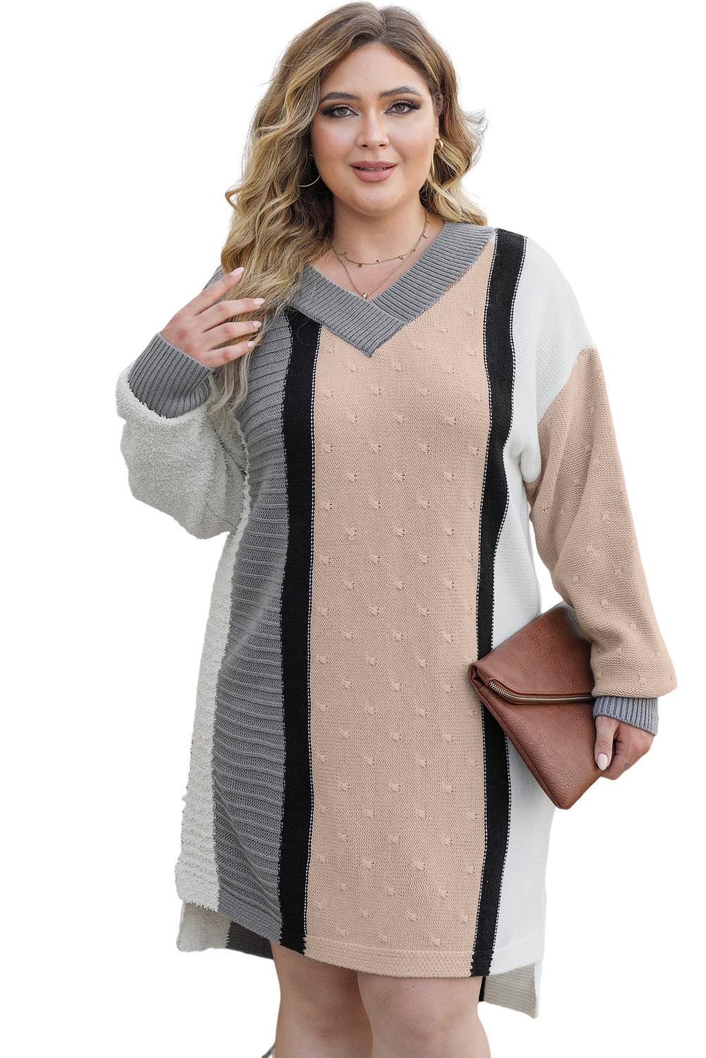 Blue Zone Planet | Apricot Mixed Boucl Color Block Plus Size Sweater Dress-TOPS / DRESSES-[Adult]-[Female]-2022 Online Blue Zone Planet