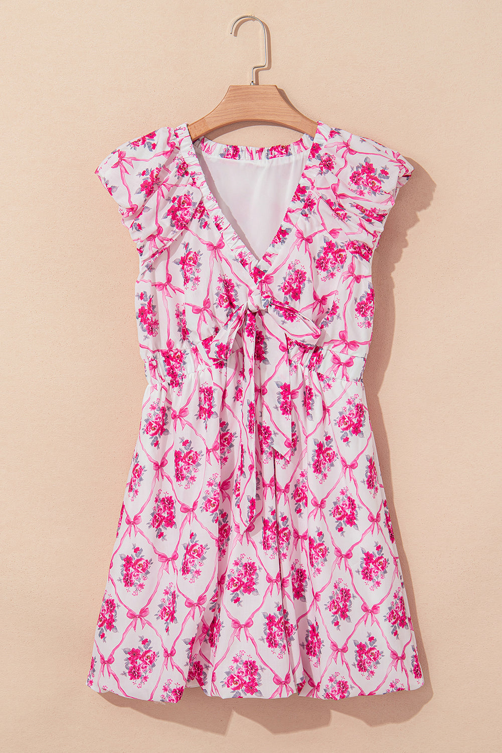 Multicolour Bow Lattice Floral Print V Neck Knot Decor Mini Dress-TOPS / DRESSES-[Adult]-[Female]-2022 Online Blue Zone Planet