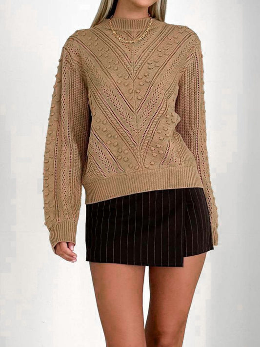 Openwork Round Neck Long Sleeve Sweater-TOPS / DRESSES-[Adult]-[Female]-Camel-S-2022 Online Blue Zone Planet