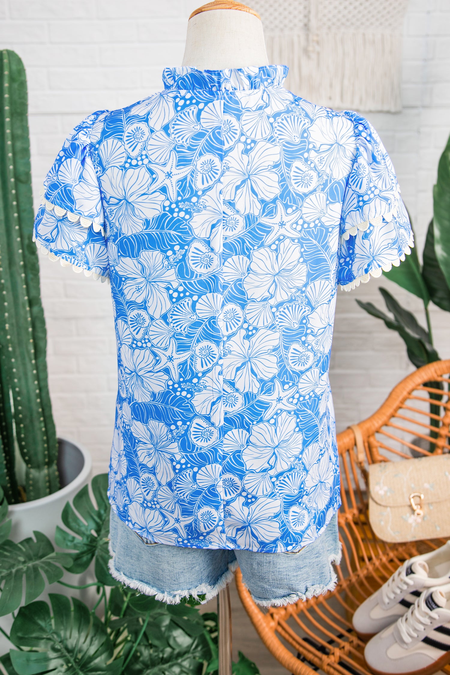 Sky Blue Oceanic Floral Print Scalloped Trim V Neck Short Sleeve Blouse-Tops/Blouses & Shirts-[Adult]-[Female]-2022 Online Blue Zone Planet