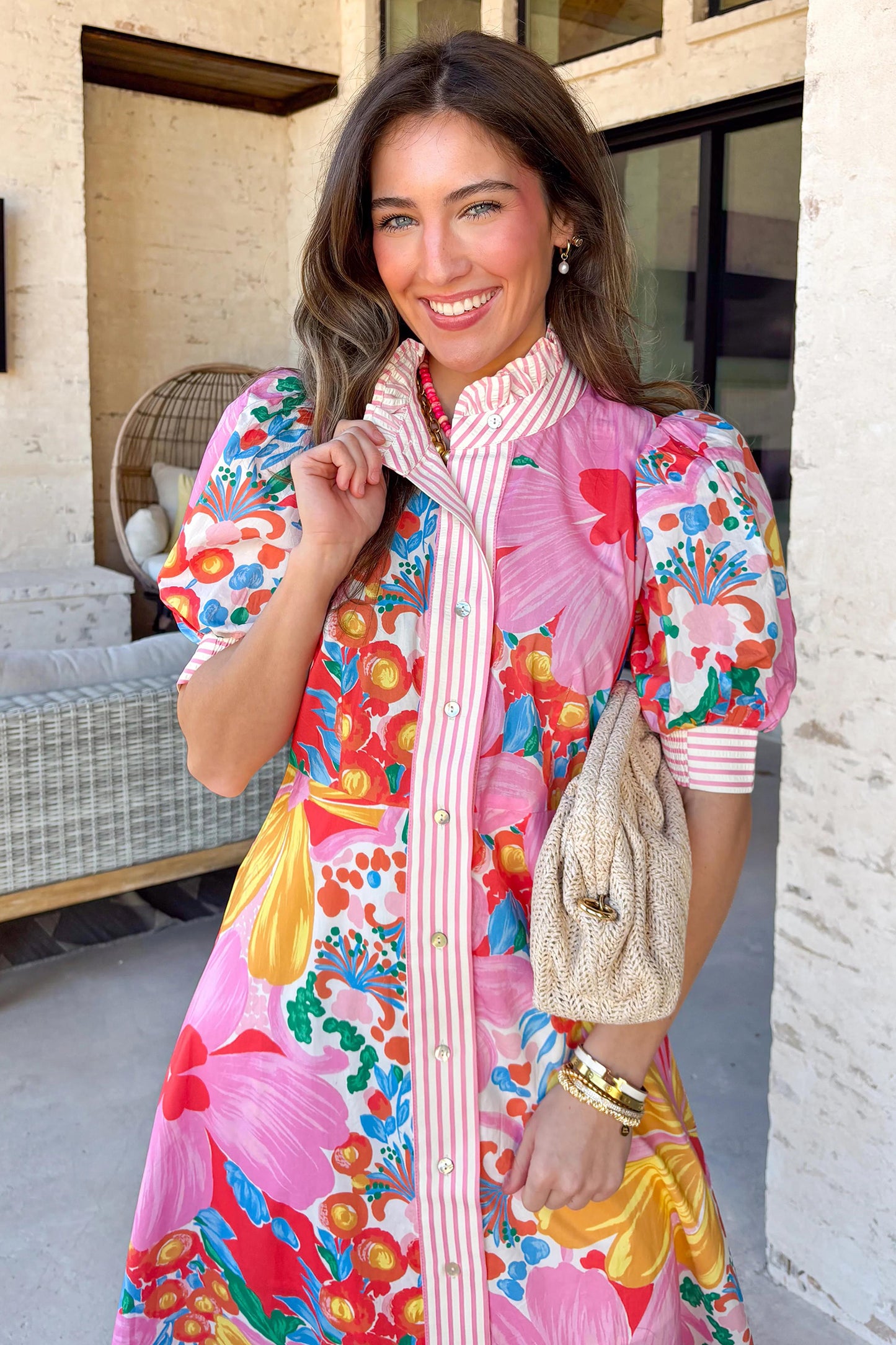 Pink Floral Print Striped Trim Button Down Short Sleeve Vacation Dress-Dresses/Floral Dresses-[Adult]-[Female]-2022 Online Blue Zone Planet