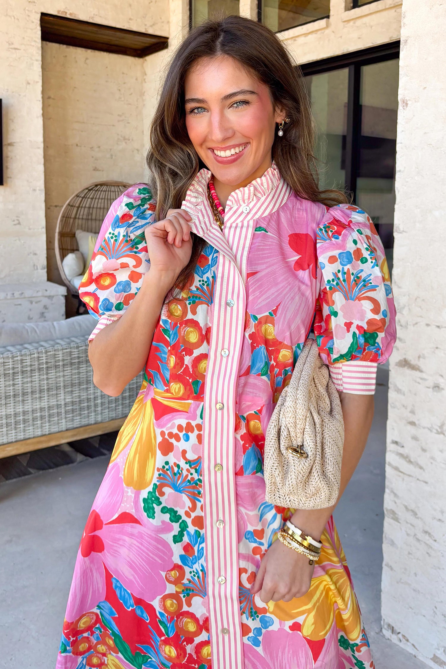 Pink Floral Print Striped Trim Button Down Short Sleeve Vacation Dress-Dresses/Floral Dresses-[Adult]-[Female]-2022 Online Blue Zone Planet