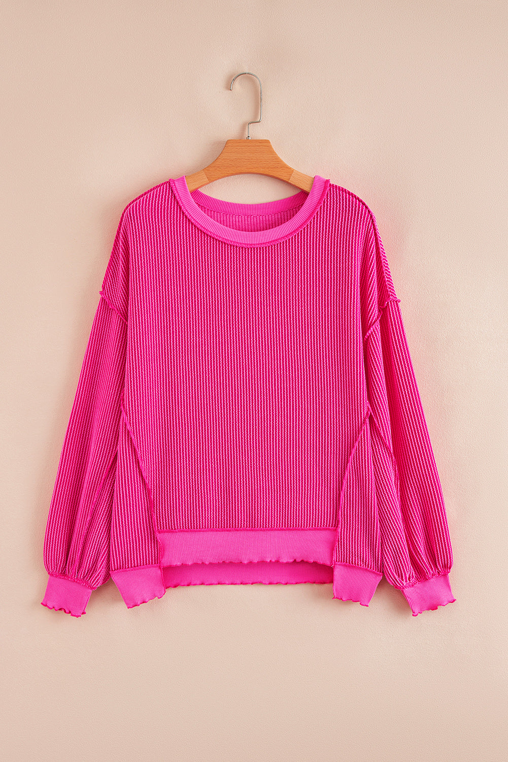 Strawberry Pink Twisted Rib Uneven Hem Drop Shoulder Loose Knit Top-Tops/Long Sleeve Tops-[Adult]-[Female]-Strawberry Pink-S-2022 Online Blue Zone Planet