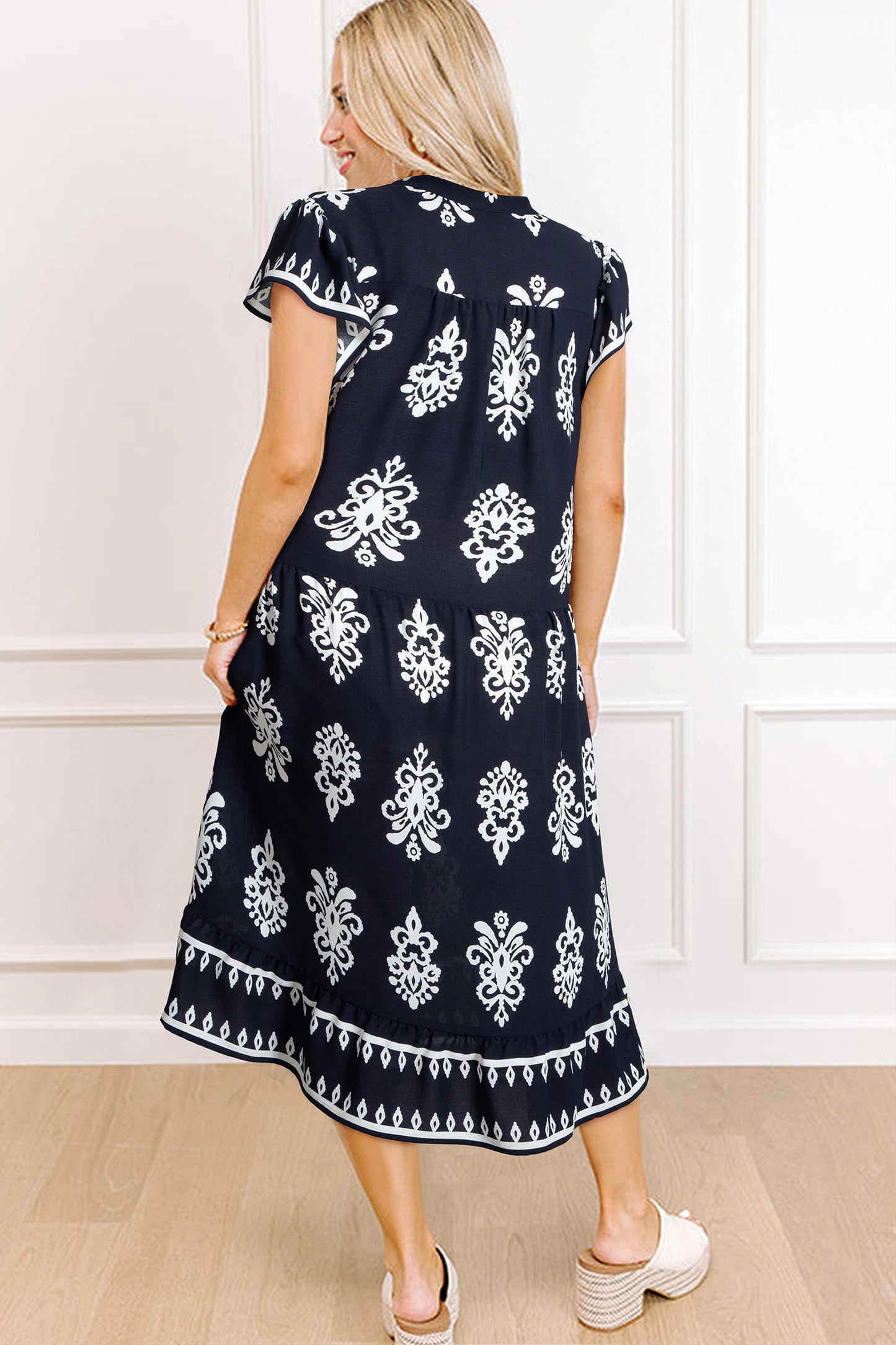 Blue Western Ethnic Print Notched Neck Short Sleeve Midi Dress-Dresses/Midi Dresses-[Adult]-[Female]-2022 Online Blue Zone Planet