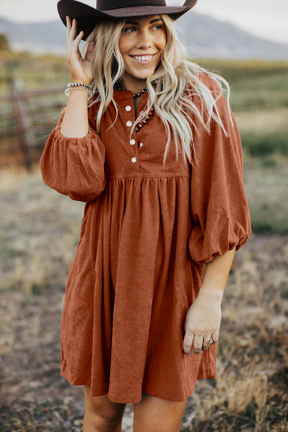 Corduroy Snap Buttons Empire Waist Bracelet Sleeve Dress - Sunny Angela Gold Flame / XL Corduroy Snap Buttons Empire Waist Bracelet Sleeve Dress - Sunny Angela Gold Flame / XL